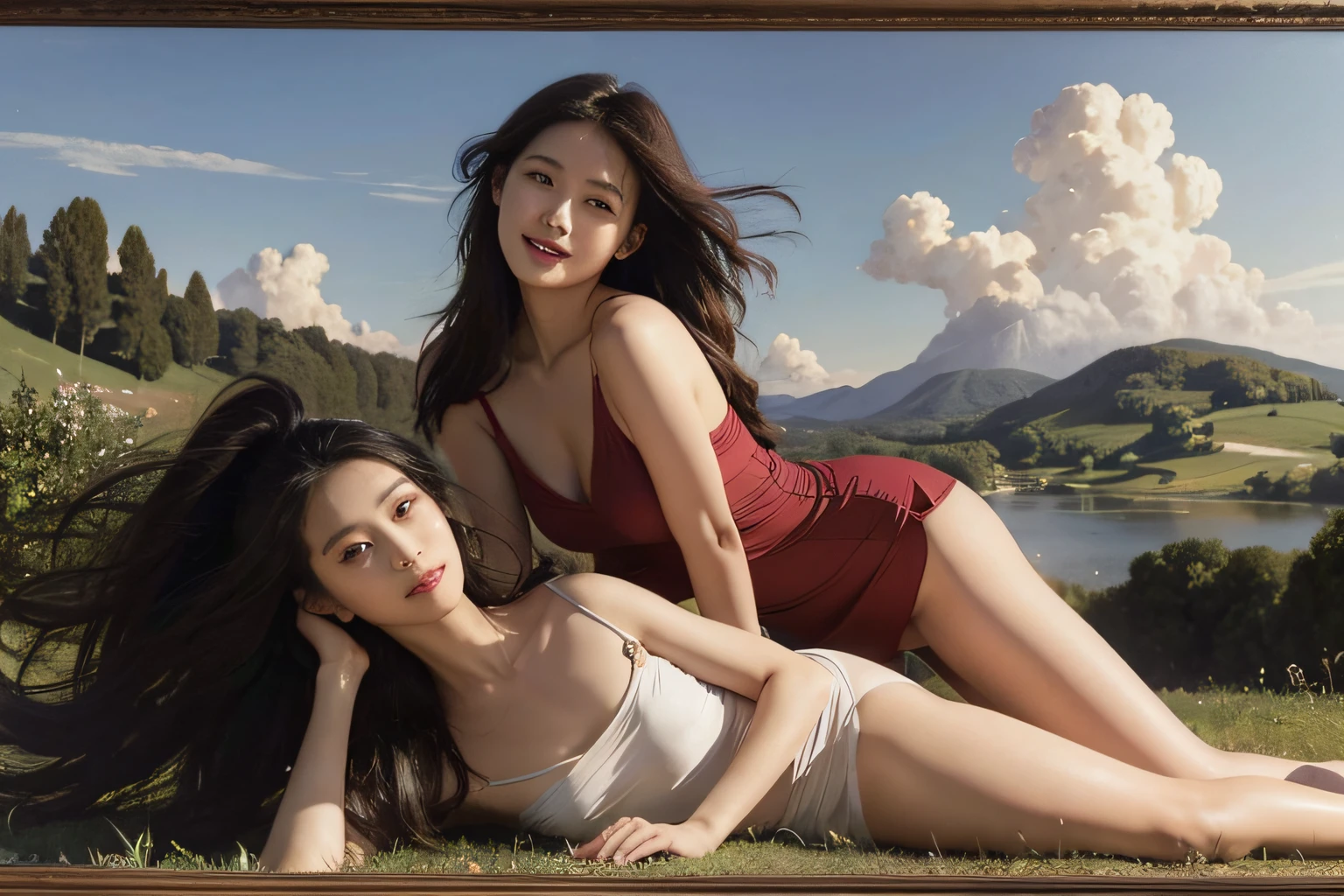 Nicolas Poussin-style landscape,A smile,,Sweet and seductive appearance.、Caravaggio's paintings、Chiaroscuro of Caravaggio、Hair disheveled in the wind,Two women frolicking,Cute smile, Expression of ecstasy,A sexy,erotick