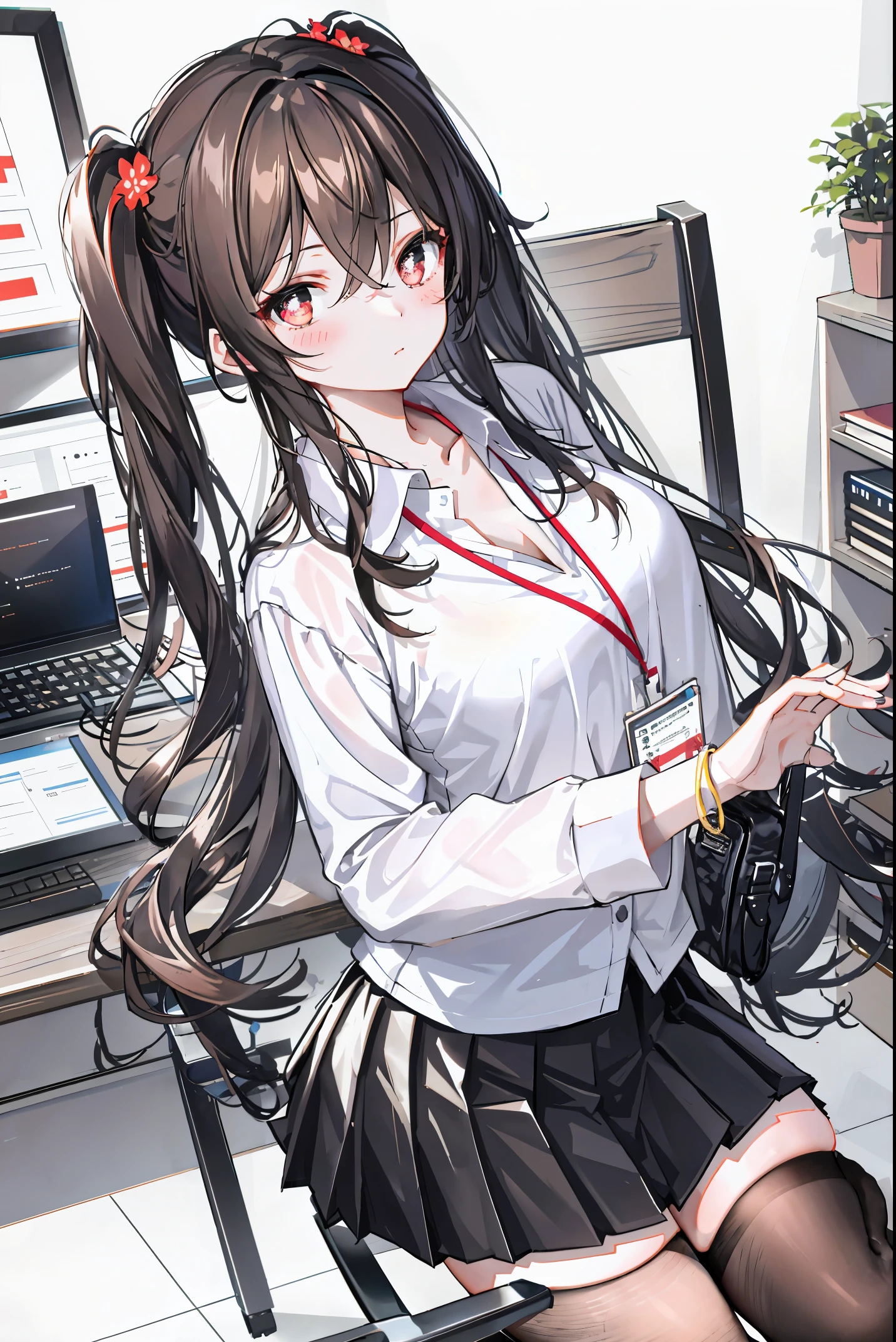 Hu Tao, 1girl, solo, ((white shirt)), black thighhighs, breasts, cleavage, uniform, office background, black skirt, pleated skirt, office, hair between eyes, brown eyes, flower pupils, medium breasts, long hair, looking at viewer, Black hair, brown short nails, solo, thighhighs, thighs, very long hair, ((masterpiece)), sitting, chair, desk, computer on desk, name tag, id tag, indoor, blush, sexy pose, ((long twintail)),