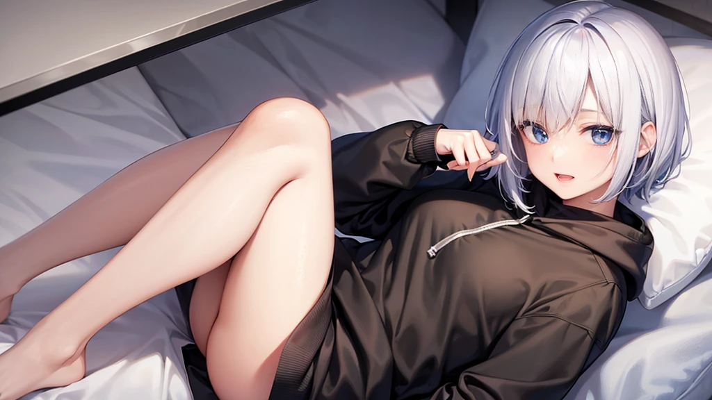 Ultra-high image quality,Look at viewers, hands behind back, girl with, 20 years old, Very short hair, long bangs between eyes, blue eyess,Black eyes, Hoodie, Skirt , Extremely detailed,(​masterpiece、top-quality),White hair、A smile、Fantastical, Silver hair,,  Hoodie, White hoodie,a black skirt,Hair is short,White jacket, Casual style,Open jacket, , look down from above、open open mouth、5 fingers、inside in room、sleeps in a bed、