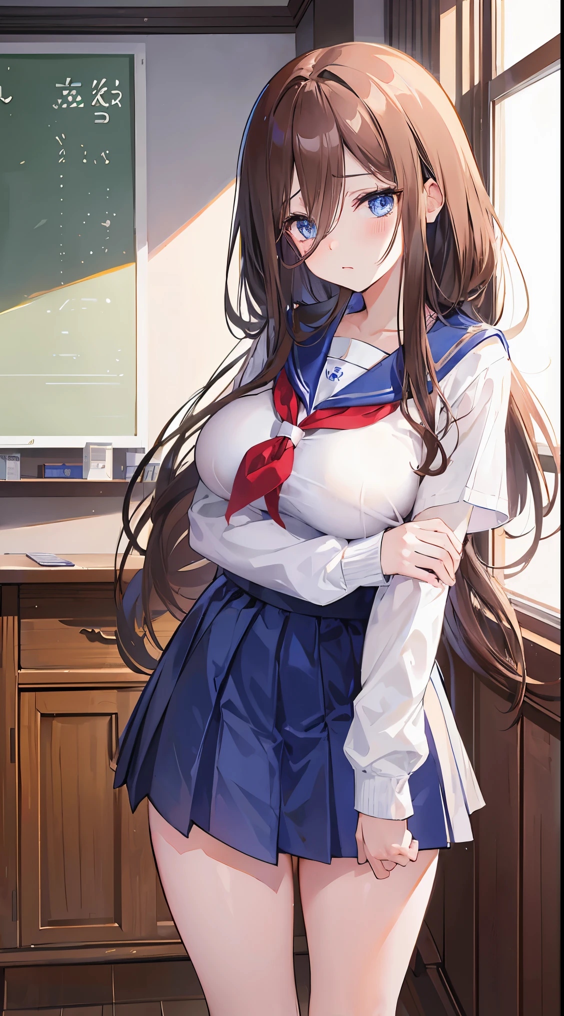 Long light brown hair to the waist,dishiveredhair,blue eyes,Loving pupils,Sailor uniform school uniform,Big breasts ,girl,A pitying expression appeared,In the classroom,Kittens
