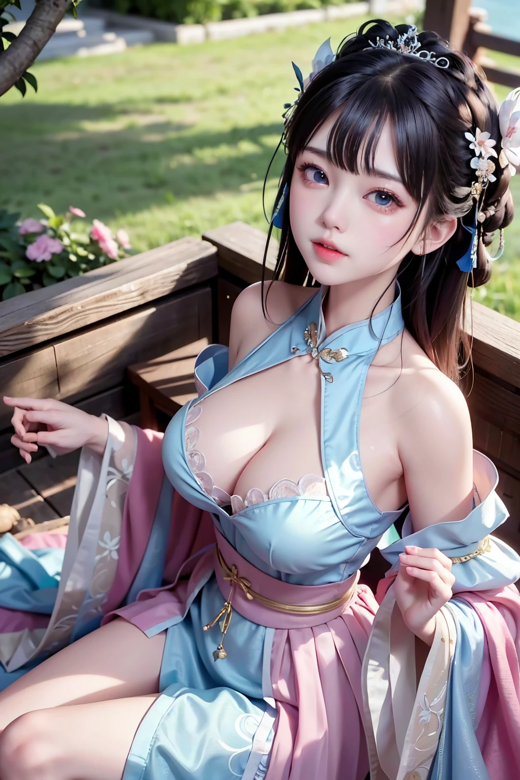 a princess 8 yeald old cute Hanfu dynasty open V-chested clothes royal, All pictures, Wet body of thin silk fabric, Thin silk lace petticoat,princess 8 yeald old cute, (huge boobs,cleavage),petticoat, white pink, blue ,best qualtiy,tmasterpiece,超高分辨率,(真实感:1.4),RAW photogr,(True skin texture:1.3),(filmgrain:1.3),(Selfie angle),1个Giant Breast Girl,Beautiful eye and face details,tmasterpiece,Best quality at best,exposing thighigchest,The chest more exposed, detailed hair,above looking down facing at camera,short dressPrincess Eyes,Super big eyes,Detailed face,shiny pupils, dress pink (a garden,moon palace,)