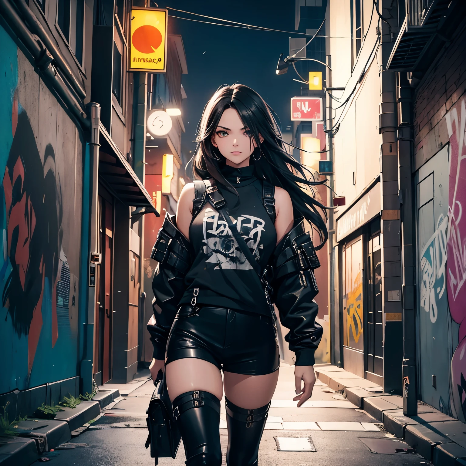 best quality,ultra-detailed,dark-haired,wavy shoulder-length hair,intriguing figure in urban streets,edgy and practical style,dangerous and armed,unconventional fashion,cityscape,street art,graffiti,vibrant colors,contrast,night scene,mysterious lighting,action-packed atmosphere,cool pose,confident expression,urban lifestyle,modern weapons,swagger,gritty,urban decay,graffiti-covered walls,impressive strength,powerful presence.