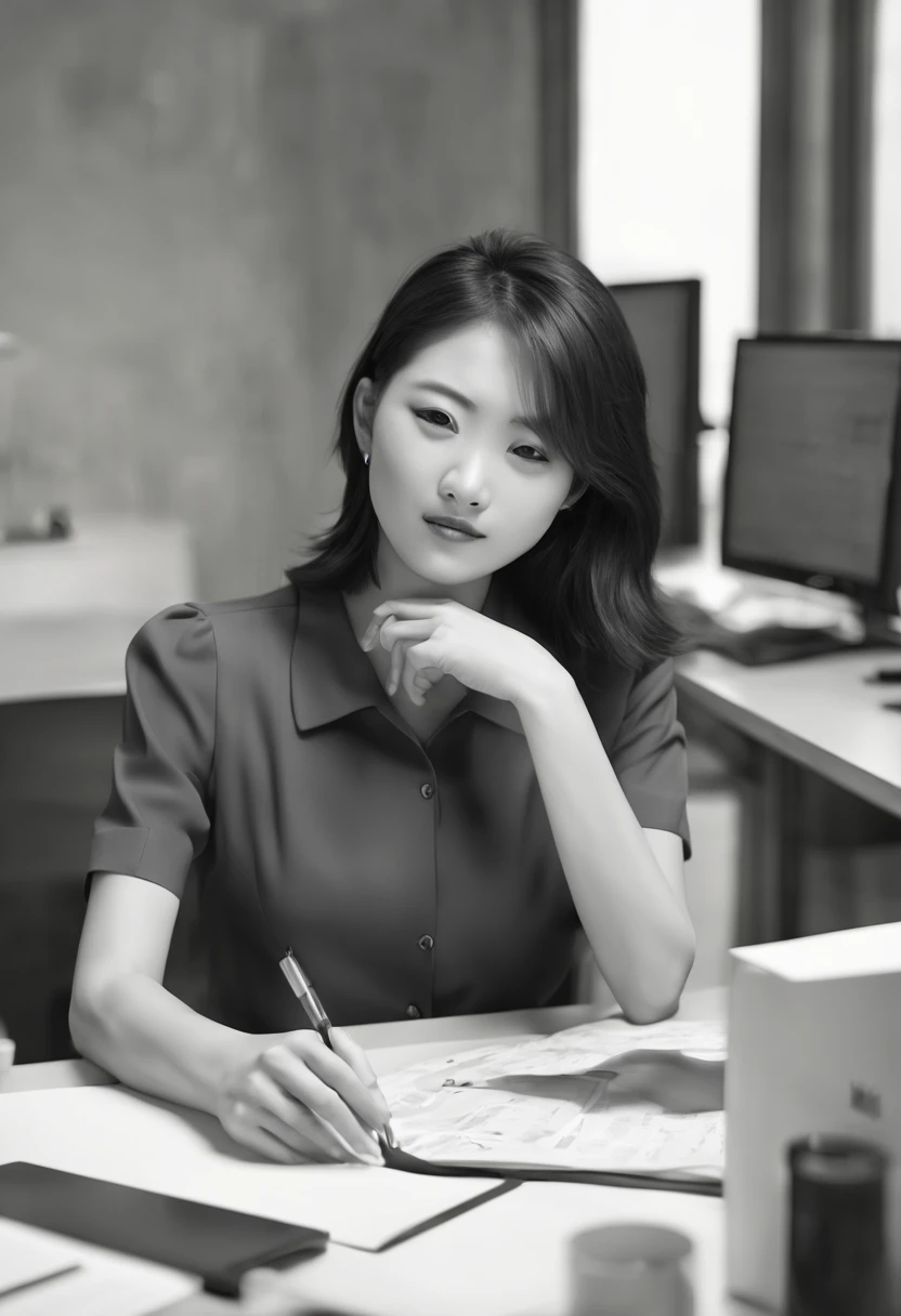 Capture the ethereal of light and shadow in a stunning monochromatic photograph with selective color details of Asian office lady with layered_cut, revealing the hidden poetry of desk files, computer, (realistic, photorealistic, RAWphoto:1.4), octane render, (best quality, masterpiece, Representative work, official art, Professional, unity 8k wallpaper:1.3)