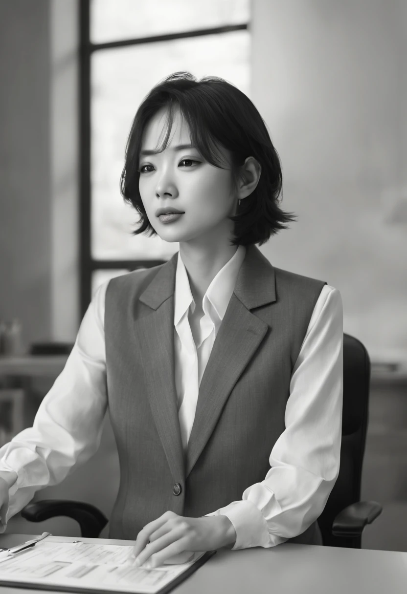 Capture the ethereal of light and shadow in a stunning monochromatic photograph with selective color details of Asian office lady with layered_cut, revealing the hidden poetry of desk files, computer, (realistic, photorealistic, RAWphoto:1.4), octane render, (best quality, masterpiece, Representative work, official art, Professional, unity 8k wallpaper:1.3)