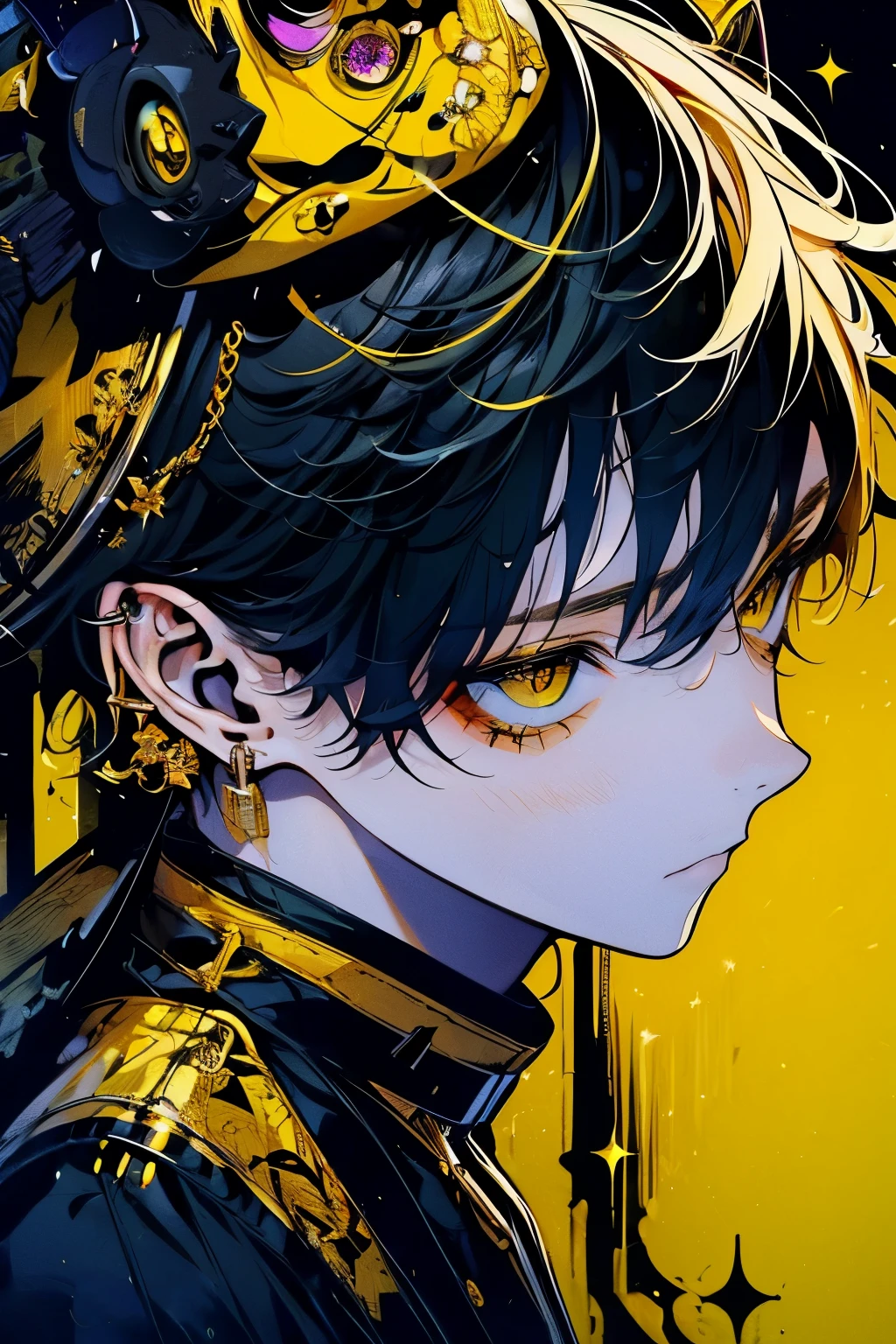 (masutepiece), (Best Quality), Highly detailed, 1 boy, Solo Focus, Perfect face, Beautiful face, extra detailed face,(Yellow hair:1.3),(Shining gold yellow eyes:1.4),Black clothe,(long eyeslashes:1.4)
