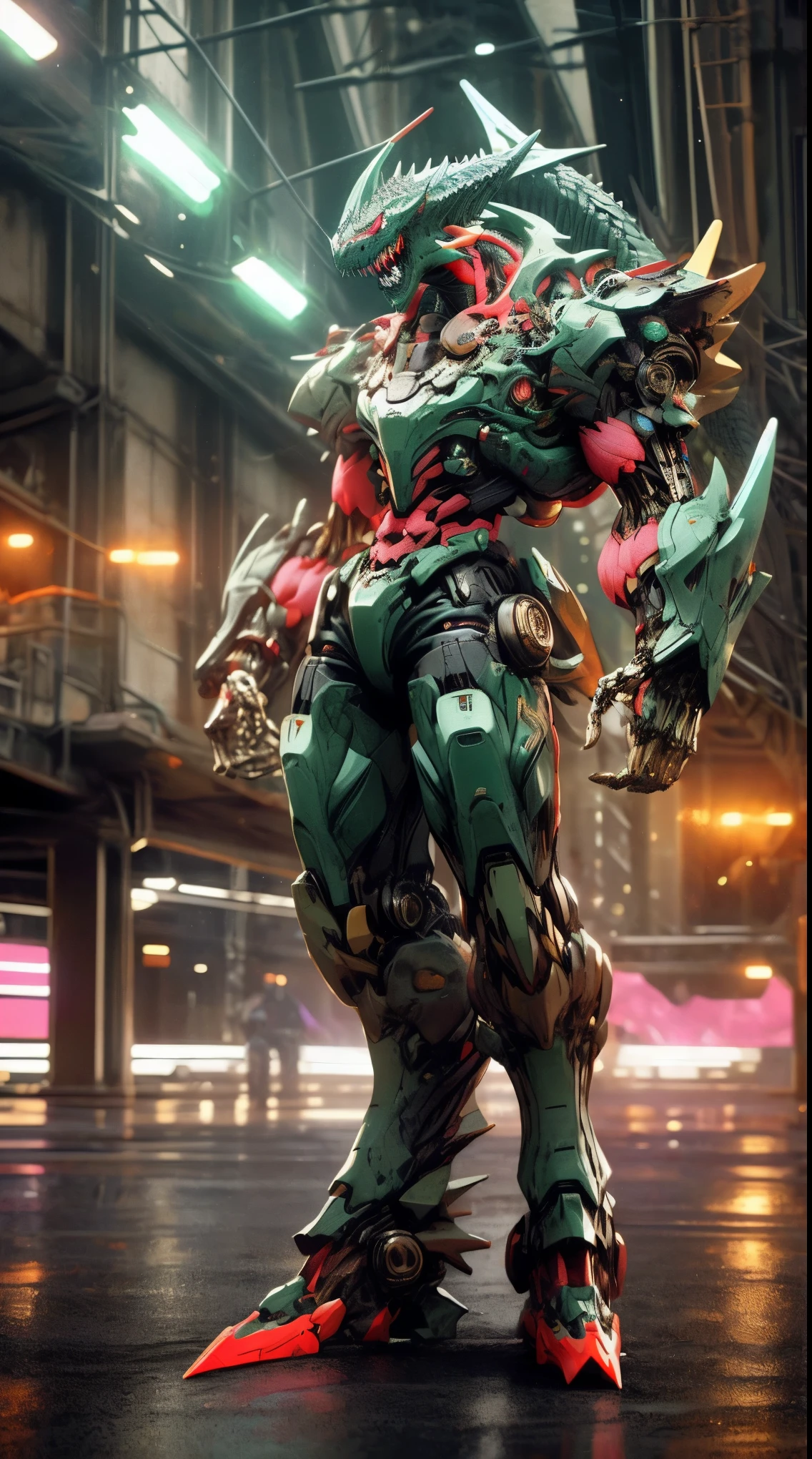 grim portrait of dragonman, with intricately angled cybernetic implants inside brutalist building, gothic brutalist cathedral, cyberpunk, award winning photo, bokeh, neon lights, cybernetic limbs, full body