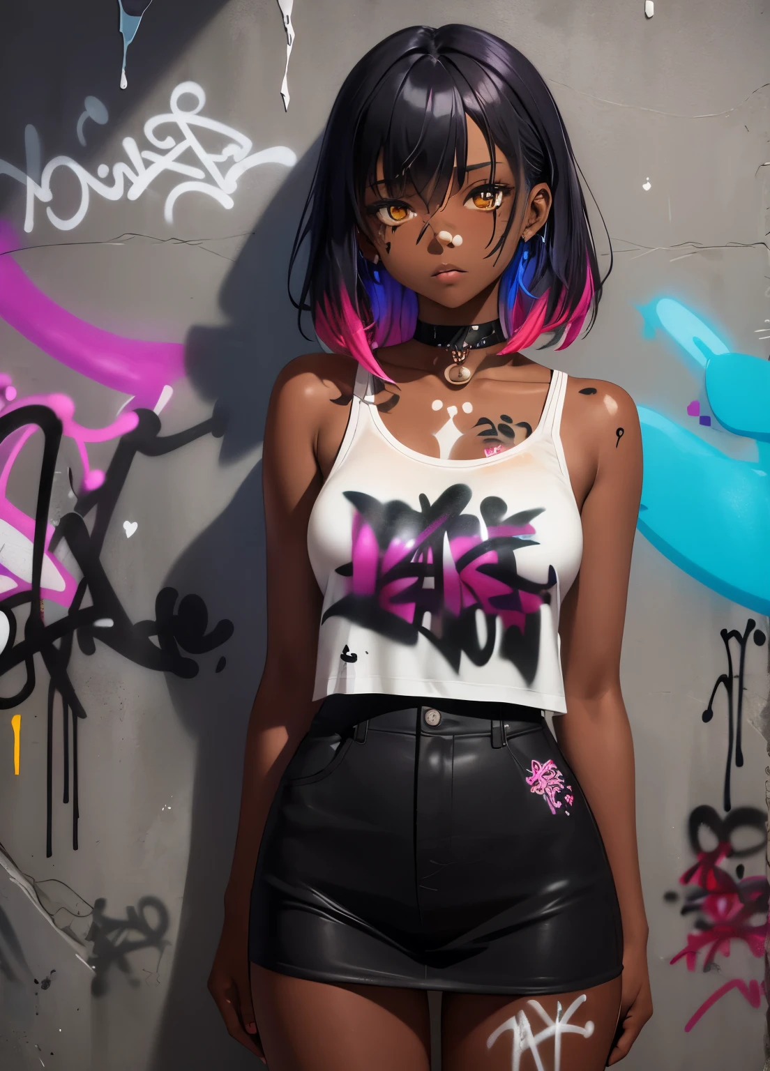 dark skinned, masterpiece, best quality, 1girl, solo, choker, (graffiti:1.5), paint splatter, arms behind back, against wall, looking at viewer, multicolored hair