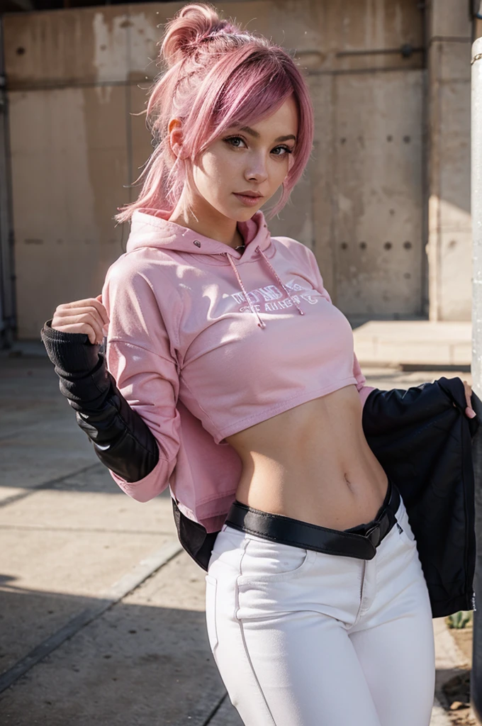 girl 21 years old, short shoulder-length hair, pink hair color