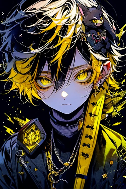 (masutepiece), (Best Quality), Highly detailed, 1 boy, Solo Focus, Perfect face, Beautiful face, extra detailed face,(Yellow hair:1.5),(glowing gold eyes:1.4),Black clothe,(long eyeslashes:1.4)