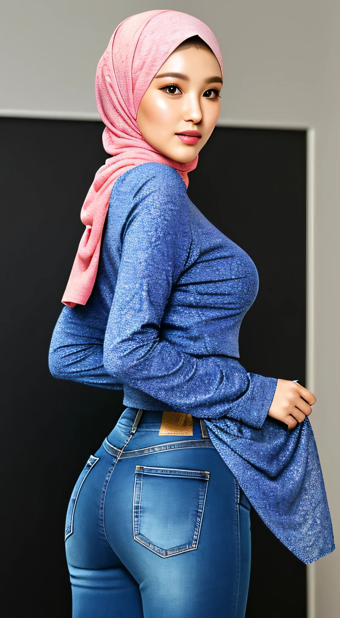 High, detailed face, detailed body render, 1girl wearing stylish hijab pashmina, alone, long tight sleeves-outfit, bigbreasts, big hips, small thorax, wide hips, curvy body, big booty, sexy look, thighs, body full, top, full body covered clothes, Dark lips, Dope, standing, Blushes, big booty tight jeans, back shoot, model pose, masterpiece, high quality, UHD, masterpiece, high quality, textured skin, 4K, HD