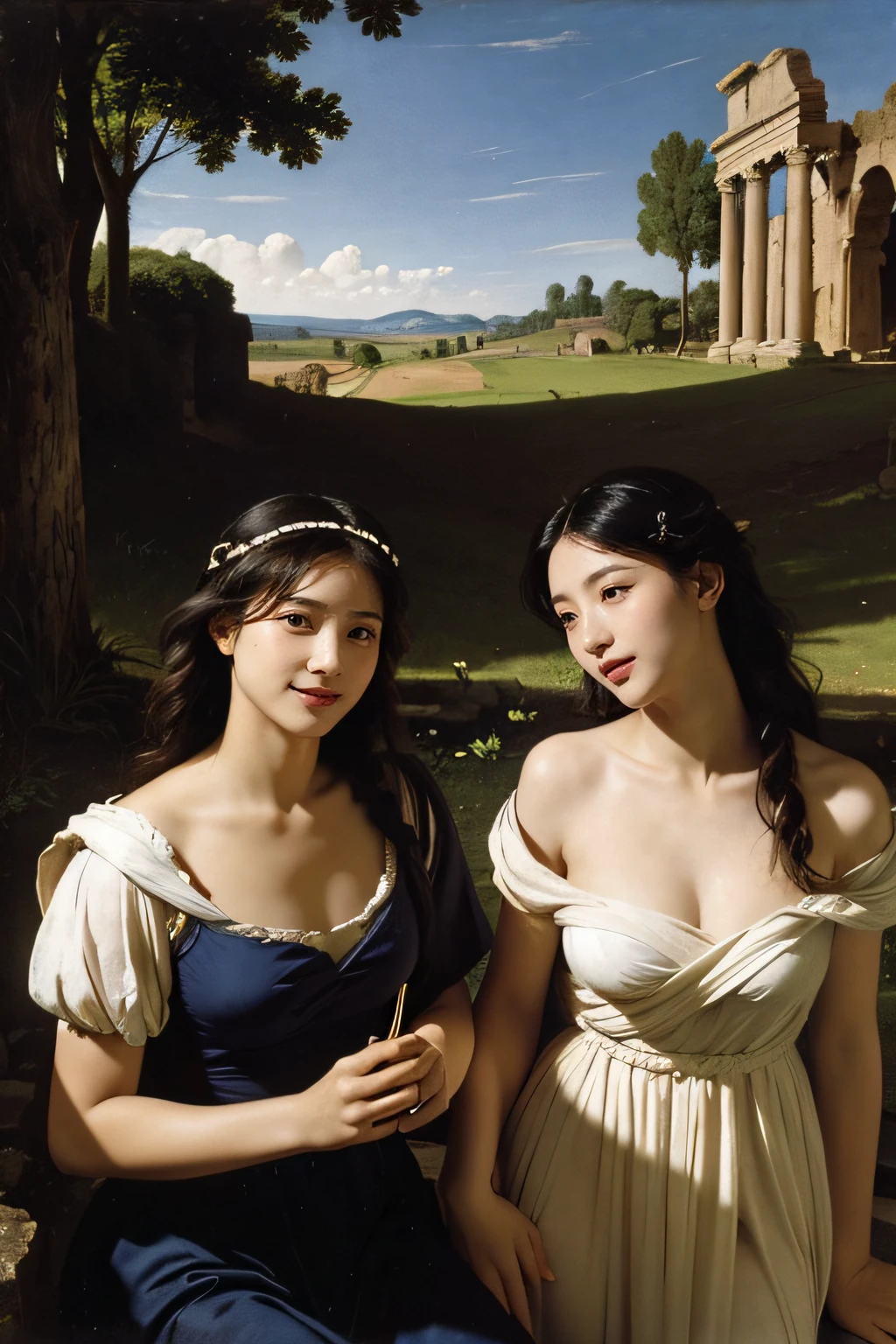 Ancient Roman ruins,Poussin-style landscape,A smile,,Sweet and seductive appearance.、Caravaggio's paintings、Chiaroscuro of Caravaggio、Hair disheveled in the wind,Two women frolicking,Cute smile, Expression of ecstasy,A sexy,Erotic