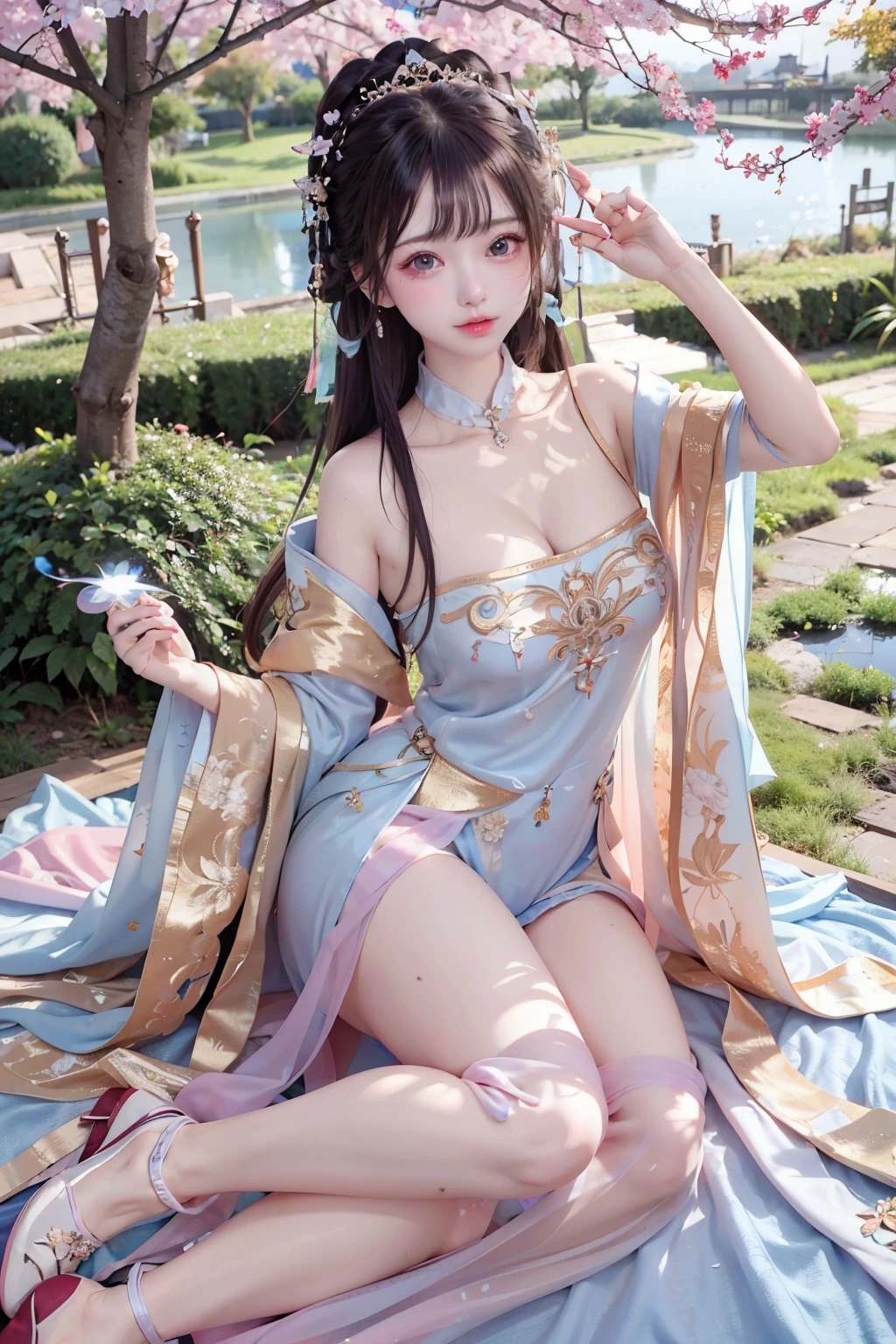 a princess10yeald old cute Hanfu  dynasty open V-chested clothes royal, All pictures, Wet body of thin silk fabric, Thin silk lace ,princess 8 yeald old cute, (huge boobs，cleavage),, white pink, blue ，best qualtiy，tmasterpiece，超高分辨率，（真实感：1.4），RAW photogr，（True skin texture：1.3），（filmgrain：1.3），（Selfie angle），1个Giant Breast Girl，Beautiful eye and face details，tmasterpiece，Best quality at best，exposing thighigchest，The chest  more exposed， detailed hair，above looking down facing at camera,short dressPrincess Eyes,Super big eyes,Detailed face,shiny pupils, dress pink (a garden,moon palace,)