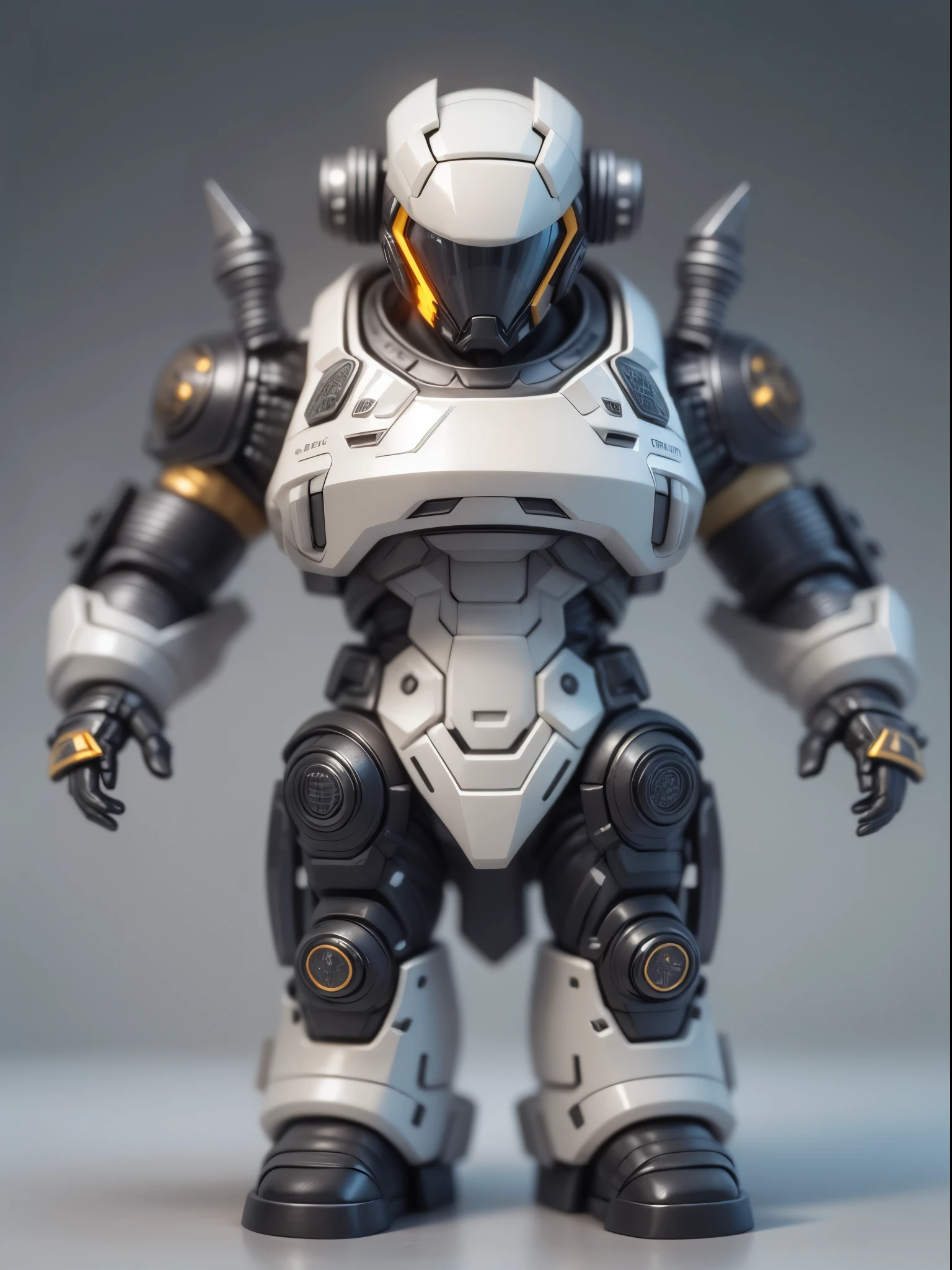 (Blind box toy style:1.2), (Full body shot) , 1 cute fat metal male engineer, Metal mech,Metal opaque helmet, cyber punk perssonage, dreamy glow, Clean, Black draft,white and black style, ( Global illumination, Ray traching, hdr, unreal render,reasonable design, high detal, Masterpiece, Best quality, hyper HD, Cinematic lighting)