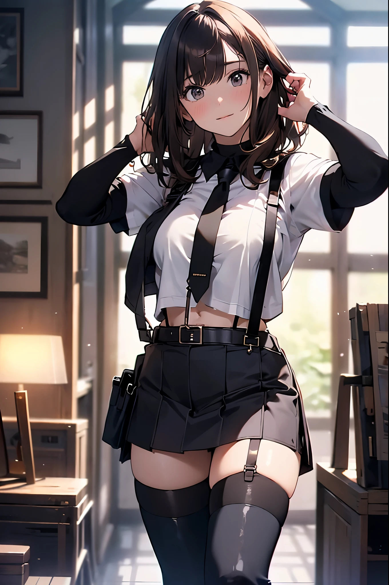Brown hair、watching at viewers black suspenders Bulging big breasts walls: Black miniskirt garters Gaze Small face bangss holster Beautuful Women hands up レッグholster ベッドに横たわる Gaze black boots panty shot provocation flank flank汗 soio arm