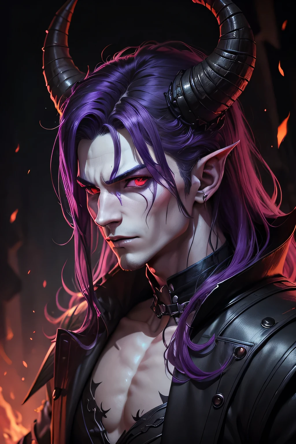 demon with red hair and horns in a dark room, portrait demon half human, fit male demon with white horns,villain wearing a red oni mask, devil, a devilish grin on his face,ultra-detailed,