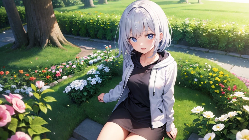 Ultra-high image quality,Look at viewers, hands behind back, girl with, 20 years old, Very short hair, long bangs between eyes, blue eyess,Black eyes, Hoodie, Skirt , Extremely detailed,(masterpiece、top-quality),White hair、A smile、Fantastical, Silver hair,, Hoodie, White hoodie,a black skirt,Hair is short,White jacket, Casual style,Open jacket, , look down from above、open open mouth、5 fingers、fountain in the forest、flower field