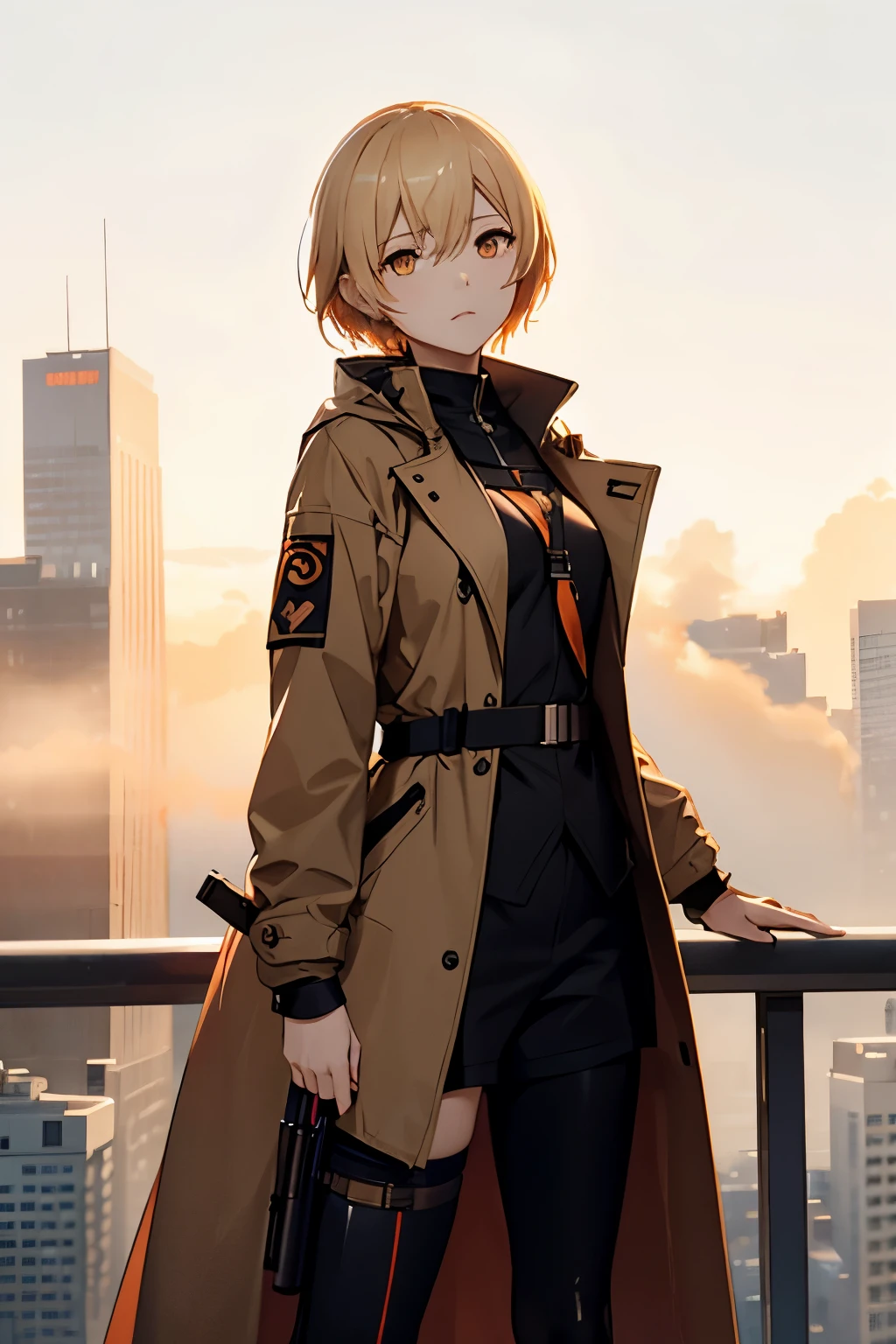 OTS-14、Orange Eyes、Girls&#39; frontline 2、A slender、short blonde hair、Brown coat、Cool pose、high-level image quality、hightquality、American cityscape、foggy、Haze