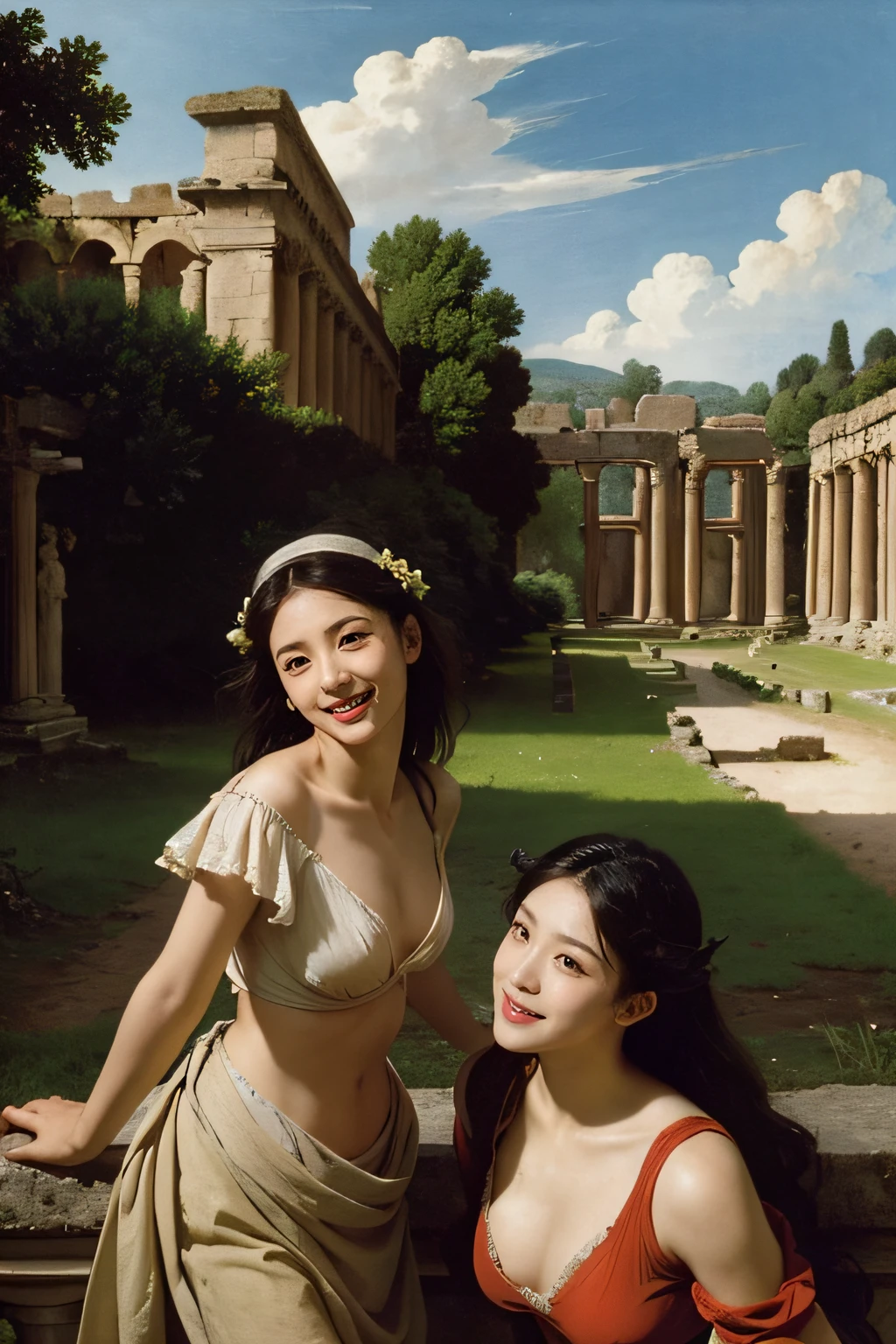 Ancient Roman ruins,Poussin-style landscape,A smile,,Sweet and seductive appearance.、Caravaggio's paintings、Chiaroscuro of Caravaggio、Hair disheveled in the wind,Two women frolicking,Cute smile, Expression of ecstasy,A sexy,Erotic