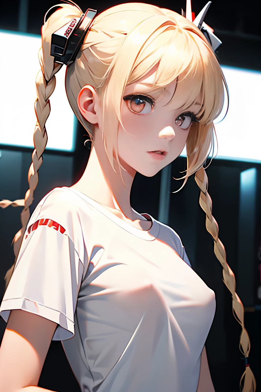 optimum，tmasterpiece，hight resolution，best qualtiy，hyper HD，super detailing，awardwinning，16 K，独奏，（The upper part of the body），anatomy correct，Beautiful cyberpunk girl，Cowboy Shot、cute  face，，a blond、Longhaire、Twin-tailed、Braids, Hairline，（（scarlet eyes）），long eyelasher，Hanging eye corners，White skin of the，shoot from the side, ((white t-shirts:1.5)), ((Sheer nipples))、Rocket Tits, （Slim body），