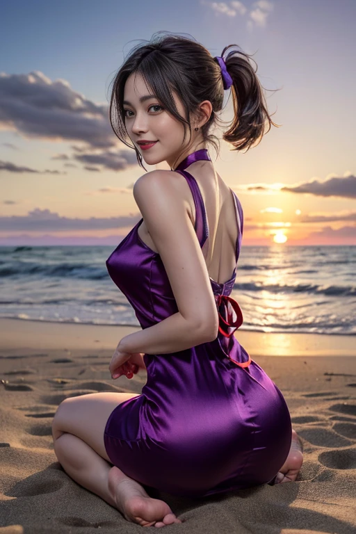 masutepiece, Best Quality, 23years old,Ultra-detailed, finely detail, hight resolution, 8K Wallpaper, Perfect dynamic composition, Natural Color Lip,(wearing a short red and purple dress:1.5),(Ponytail:1.3),drawn action: (Girl is sitting,barefoot on the sand 1.3),(red and purple silk ribbon dress:1.4)20 years girl,(Full body:1.3),Shot from behind,Enjoy the sunset,stretching pose,Looking back and smiling,