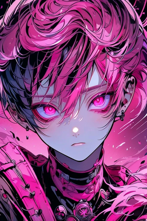 (masutepiece), (Best Quality), Highly detailed, 1 boy, Solo Focus, Perfect face, Beautiful face, extra detailed face,(A pink-haired:1.5),(glowing pink eyes:1.4),Black clothe,(long eyeslashes:1.4)