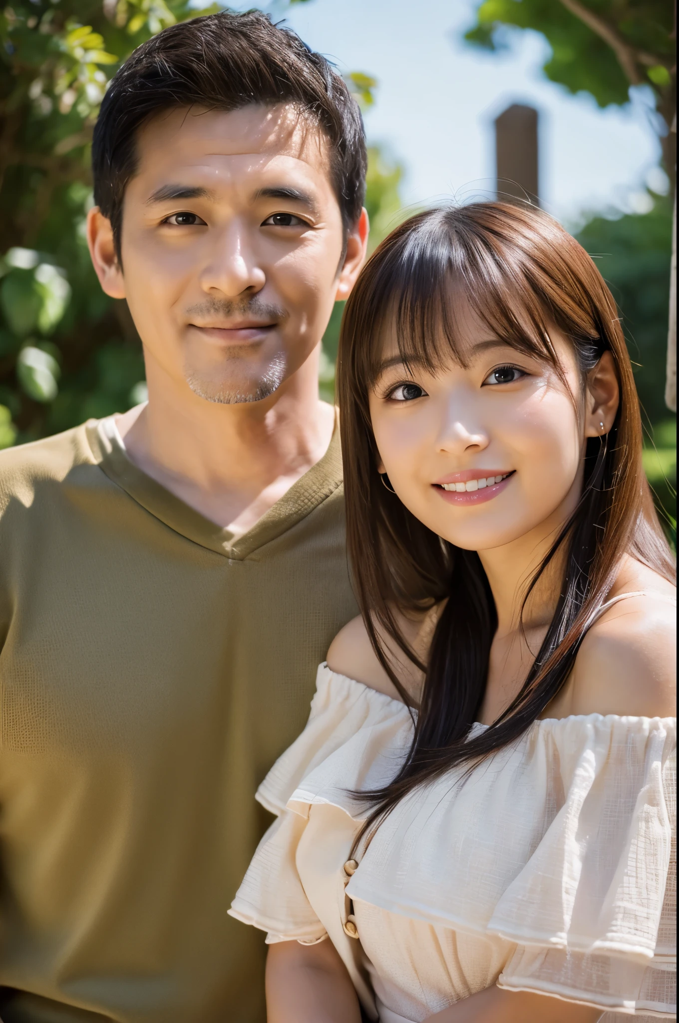 Best Quality, masutepiece, 超A high resolution, (Photorealistic:1.4), Raw photo, 1 girl and 1 man，off shoulders，Two-shot with a middle-aged man