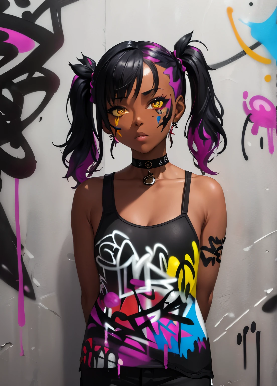 dark skinned, masterpiece, best quality, 1girl, solo, choker, (graffiti:1.5), paint splatter, arms behind back, against wall, looking at viewer, multicolored hair, pigtails