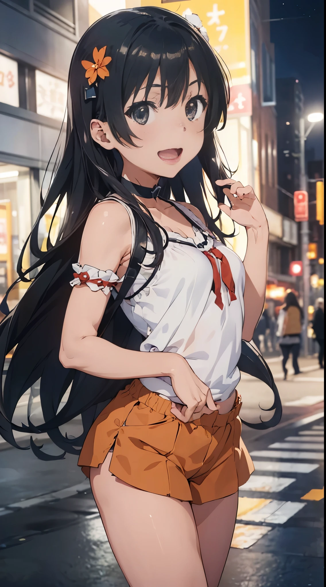 (Official art、Best Quality、Unity 8k Wallpapers、32K、masterpiece、ultra-detailliert、超A high resolution、realisitic、Photorealsitic:1.2)、(Cinematic lighting:1.2)、Fireglow effect、The grainiest shadow of the film、Rim lighting、side lights、sideshot、(ultra-detailliertで複雑な3Dレンダリング)、Detailed beautiful face and eyes、A slender、Medium bust、(Full body:1.2)、 Highly detailed background、beauitful face、blurry backround、16-year-old beautiful girl、(ultra-detailliertなスキン、detailed skin textures:1.3)、Orange hair、Brown-eyed、Hip Hop Cable、off shoulders、hotpants、(thighs thighs thighs thighs:0.8)、Knitted sandals、City at night、Smile with open mouth、a choker、dynamicposes、(Nariko Saten)