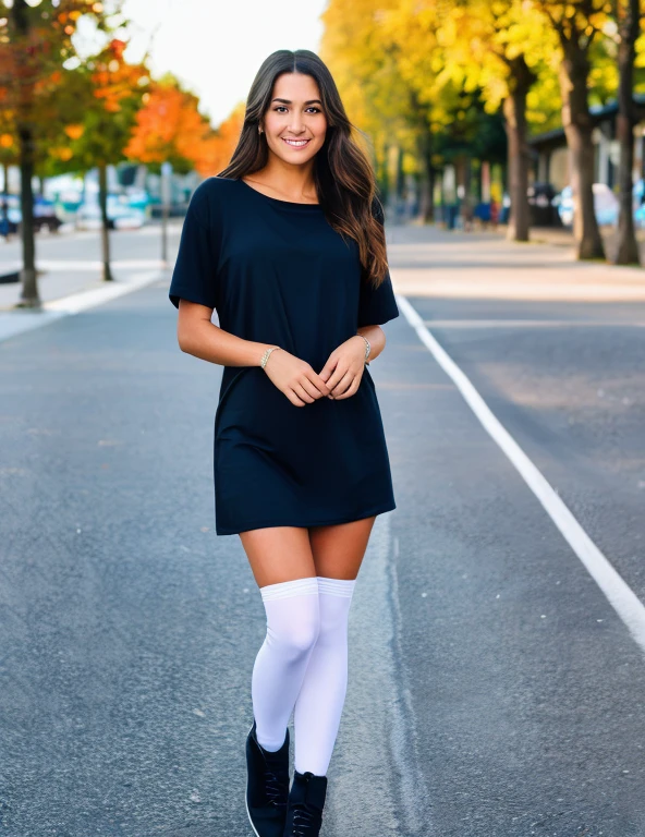 RAW photo, casual photo of beautiful 26yo italian woman with perfect long brown hair wearing black tshirt and black miniskirt with black pantyhose and white shoes , sexy posture, Golden hour, at street, (full body shot), full body, looking into camera, 1girl, view from front, extremely high quality RAW photograph, detailed background, intricate, Exquisite details and textures, highly detailed, ultra detailed photograph, warm lighting, 4k, sharp focus, high resolution, (detailed skin:1.2), detailed eyes, 8k uhd, dslr, high quality, film grain