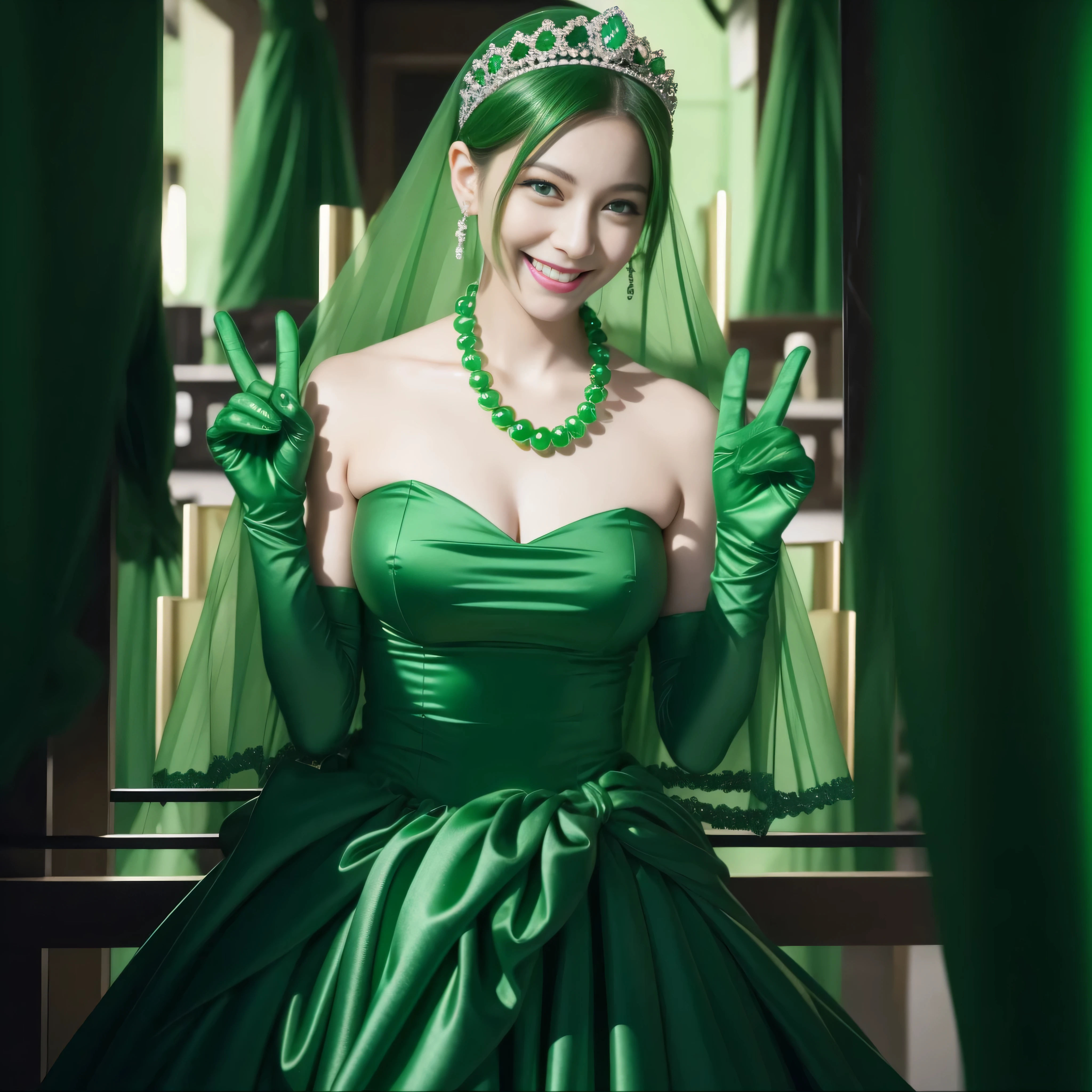 emerald tiara, Green Pearl Necklace, Boyish very short green hair, lipsticks, Japan woman smiling, very short short hair, big breasts beautiful, Green eyes, Long green gloves made of satin material, Green eyes, Emerald Earrings, green vale, v sign