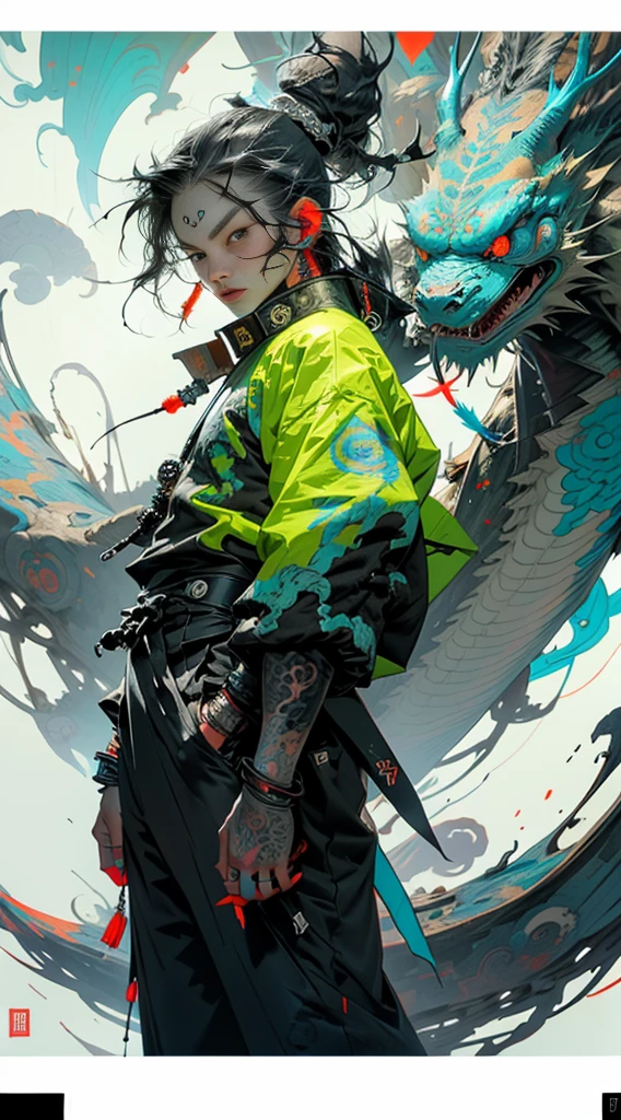 wuxia,1rapper with tattoos,dread hair,puffer jacket,super colorful,luminous colorization,illustration