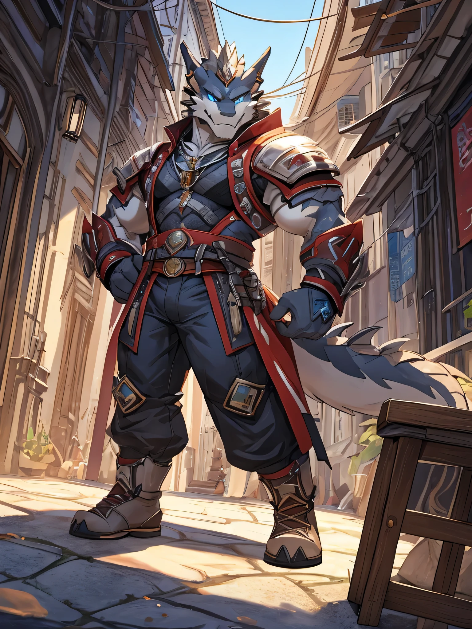 Masterpiece, Solo, Male, Grey Dragon, Blue Eyes, Grey Medium Hair, Medium Muscular Body, Handsome, Good Looking, Casual Shirt, Casual Pants, Cool Pose.