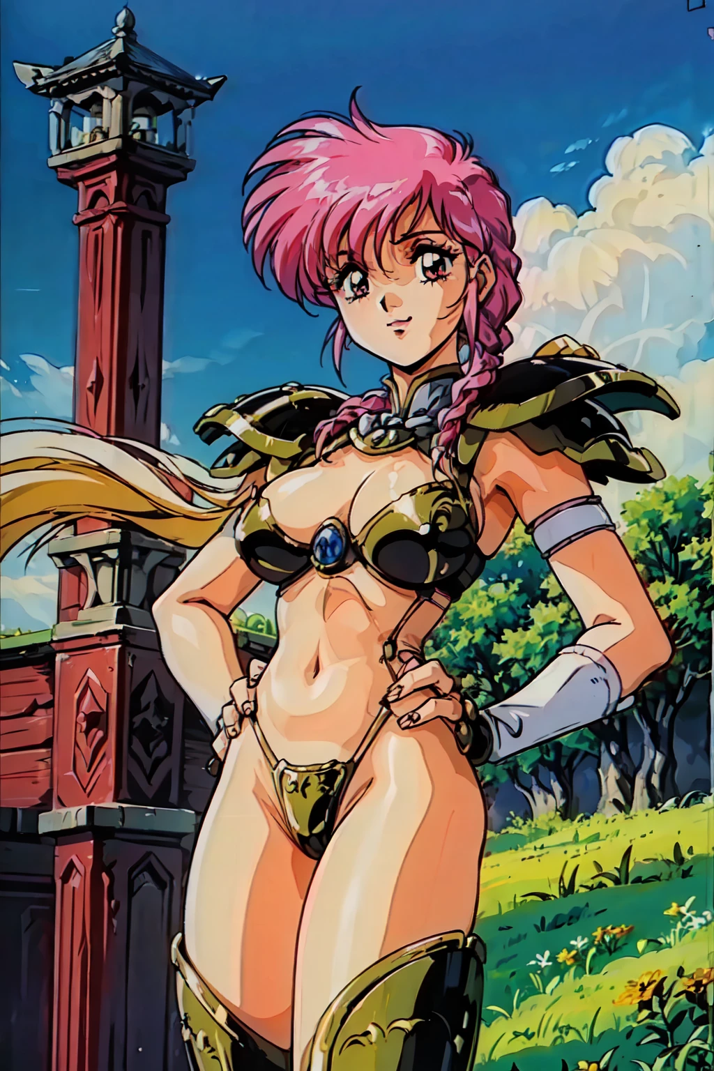 "(masterpiece:1.1), best quality,
1girl, (traditional media 80s:1.4), (eyelashes:1.5), (:1.2),
(intricate high detailed body:1.2),
(pink hair:1.1), (forehead:1.1), (twin braids:1.1), (crown:1.1),
red eyes, (lip stick:1.2),
(pale skin:1.2), (gigantic breasts:1.3),
(happy, smile:1.2),
(leotard armor, navel cutout:1.2), (knight armor, armored boots:1.2),
(hoop earrings:1.1), long gloves,
standing, (dynamic pose, action pose, hand on hip:1.2),
(upper body, cowboy shot, looking at viewer:1.1),
(daytime, grassland, outdoors:1.1)"