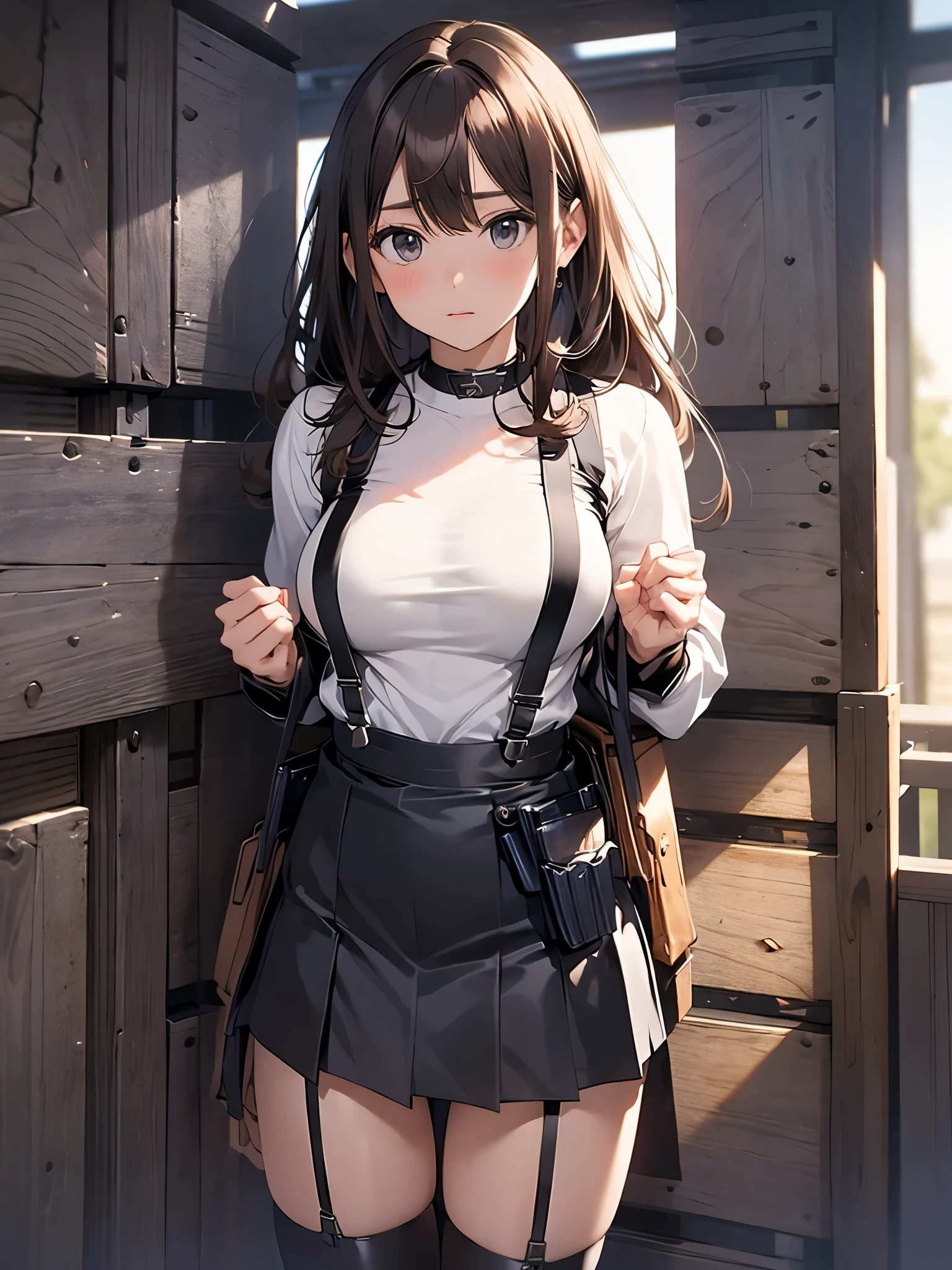 Brown hair、watching at viewers black suspenders Bulging big breasts walls: Black miniskirt garters Gaze Small face bangss holster Beautuful Women hands up レッグholster ベッドに横たわる Gaze black boots panty shot provocation flank flank汗 soio arm