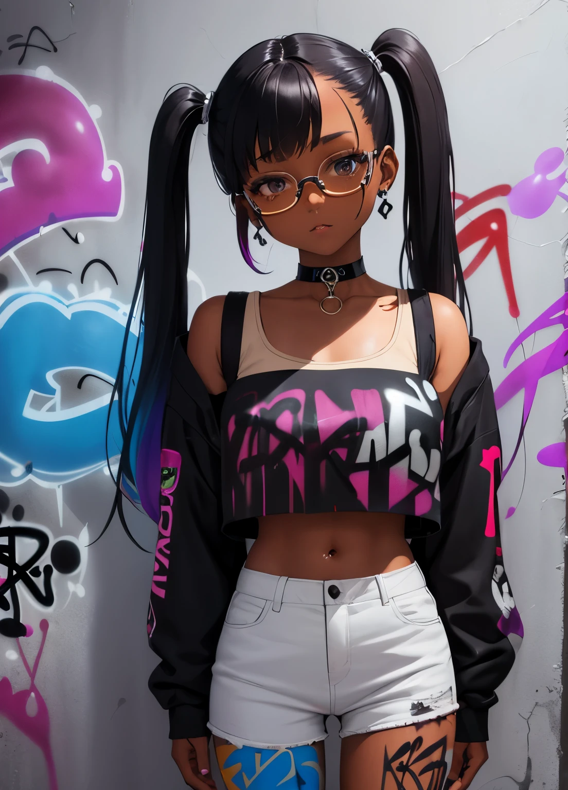 dark skinned, masterpiece, best quality, 1girl, solo, choker, (graffiti:1.5), paint splatter, arms behind back, against wall, looking at viewer, multicolored hair, pigtails, glasses