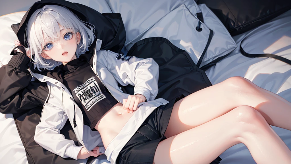 Ultra-high image quality,Look at viewers, hands behind back, girl with, 20 years old, Very short hair, long bangs between eyes, blue eyess,Black eyes, Hoodie, Skirt , Extremely detailed,(​masterpiece、top-quality),White hair、A smile、Fantastical, Silver hair,,  Hoodie, White hoodie,a black skirt,Hair is short,White jacket, Casual style,Open jacket, , look down from above、open open mouth、5 fingers、inside in room、sleeps in a bed、