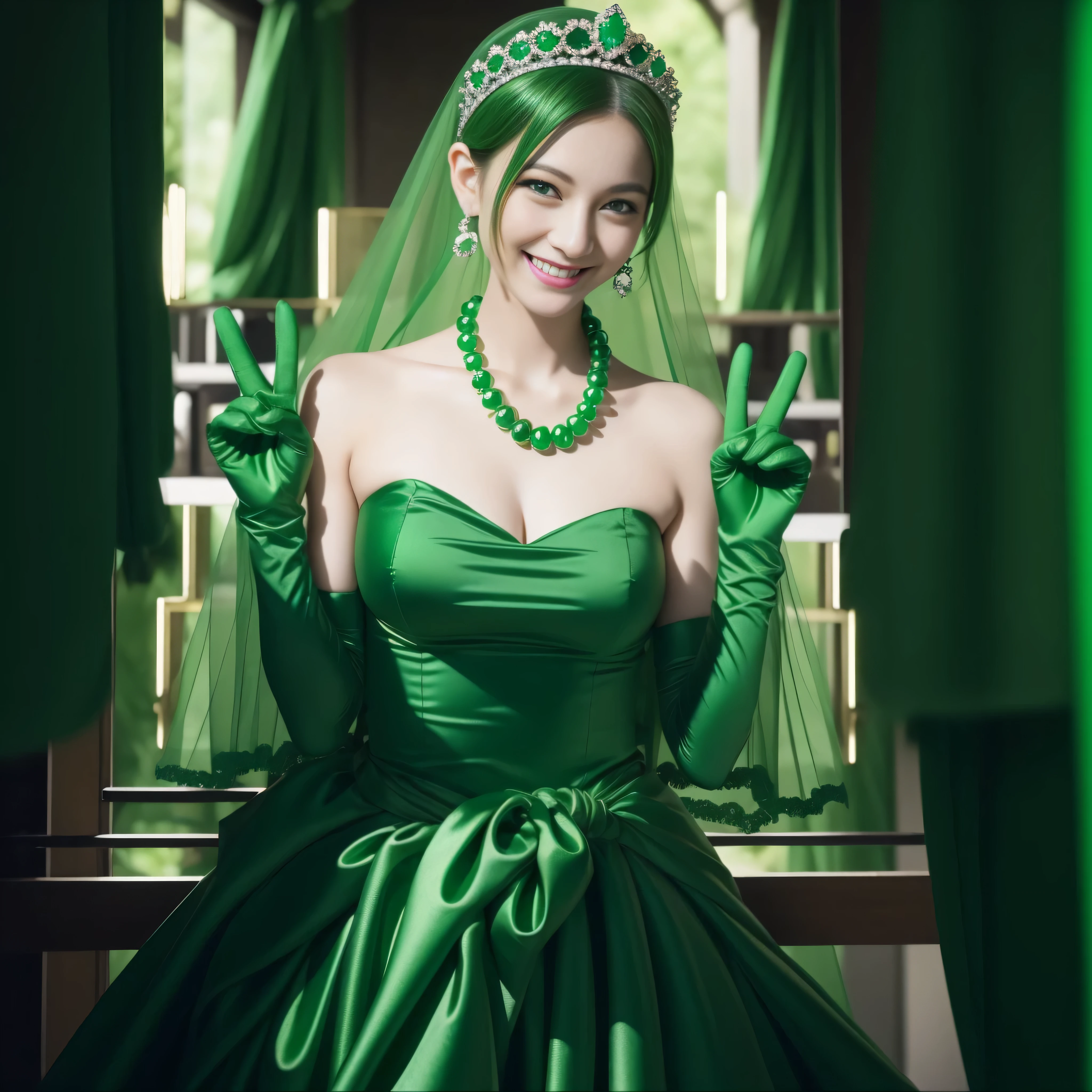 emerald tiara, Green Pearl Necklace, Boyish very short green hair, lipsticks, Japan woman smiling, very short short hair, big breasts beautiful, Green eyes, Long green gloves made of satin material, Green eyes, Emerald Earrings, green vale, v sign