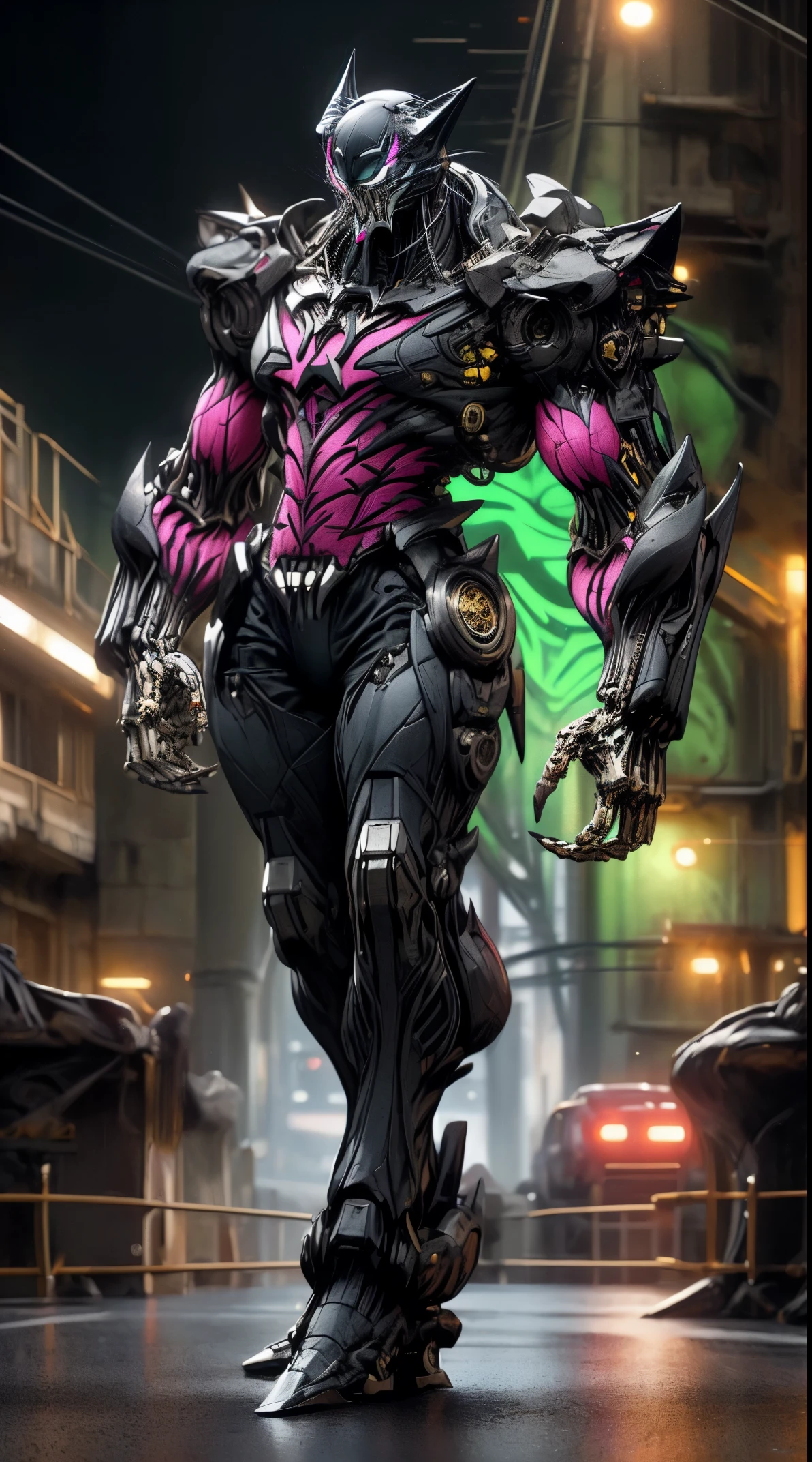 grim portrait of black panther and Venom, with intricately angled cybernetic implants inside a brutalist building, gothic brutalist cathedral, cyberpunk, award-winning photo, bokeh, neon lights, cybernetic limbs, full body