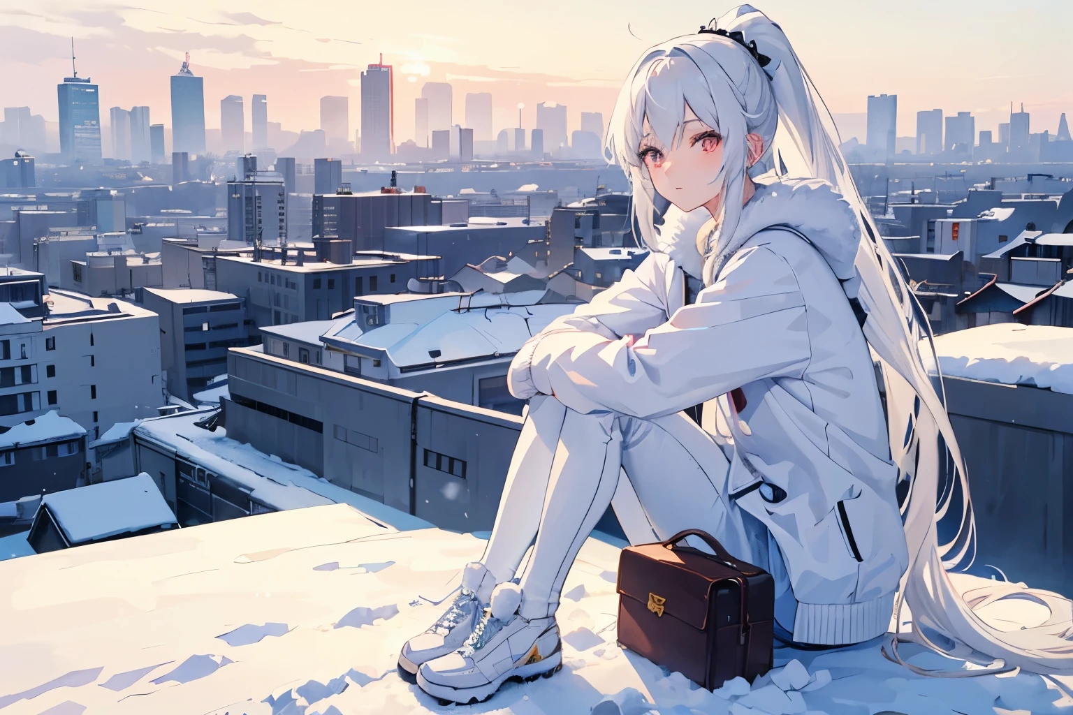 masterpiece, best quality, high quality, perfect anatomi, anime A girl, anime style, white sweater, fur jacket, white hair, ponytail, snow, background snow, city, white sky, midday, mature female, jeans pants, looking a head, full body, sitting, sitting on wall, top view,