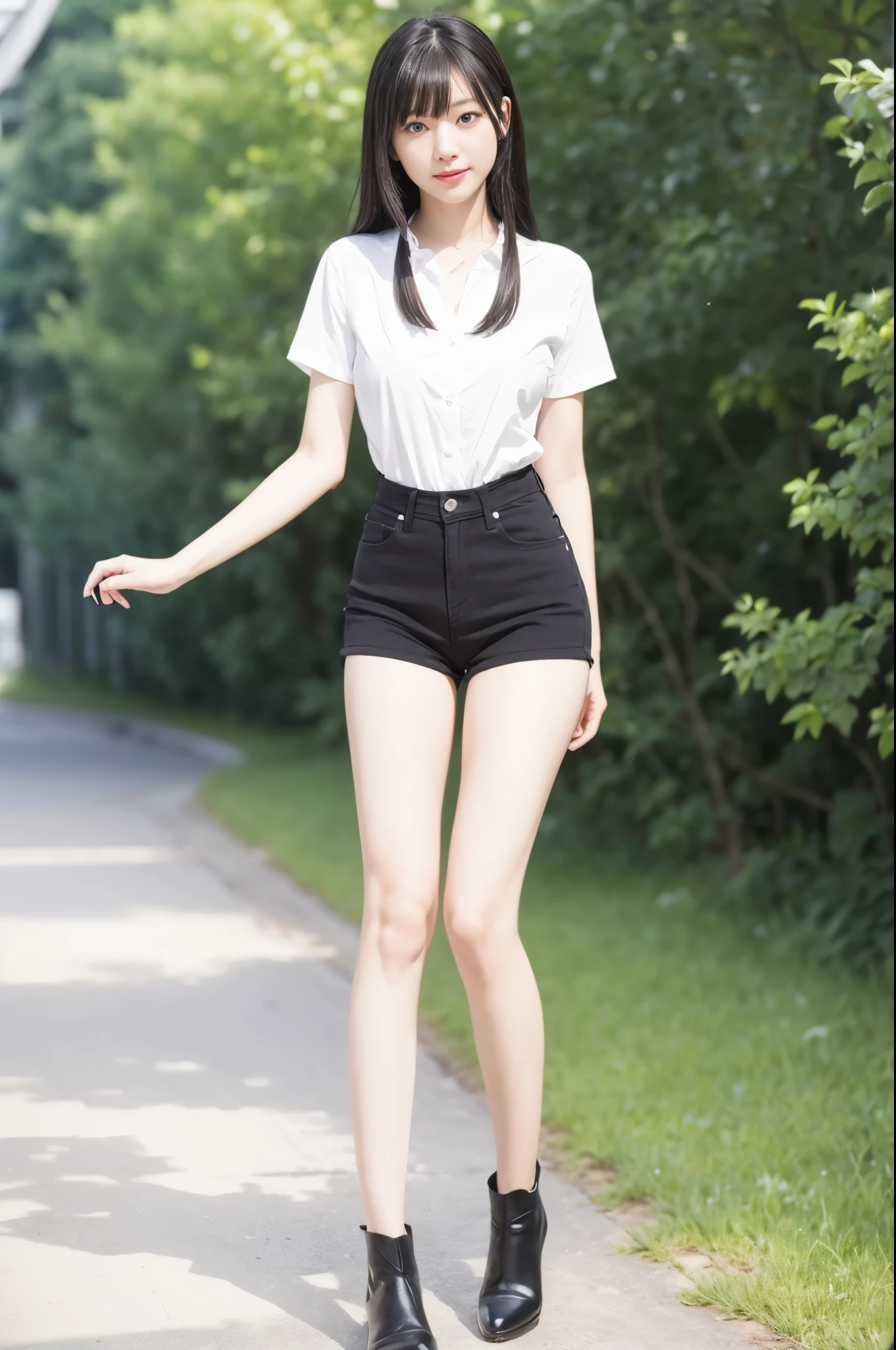 A Japanese Lady beauitful face 二重まぶた Long black hair white shirt Micro shorts Tall beauty legs Raw feet Black boots modeled