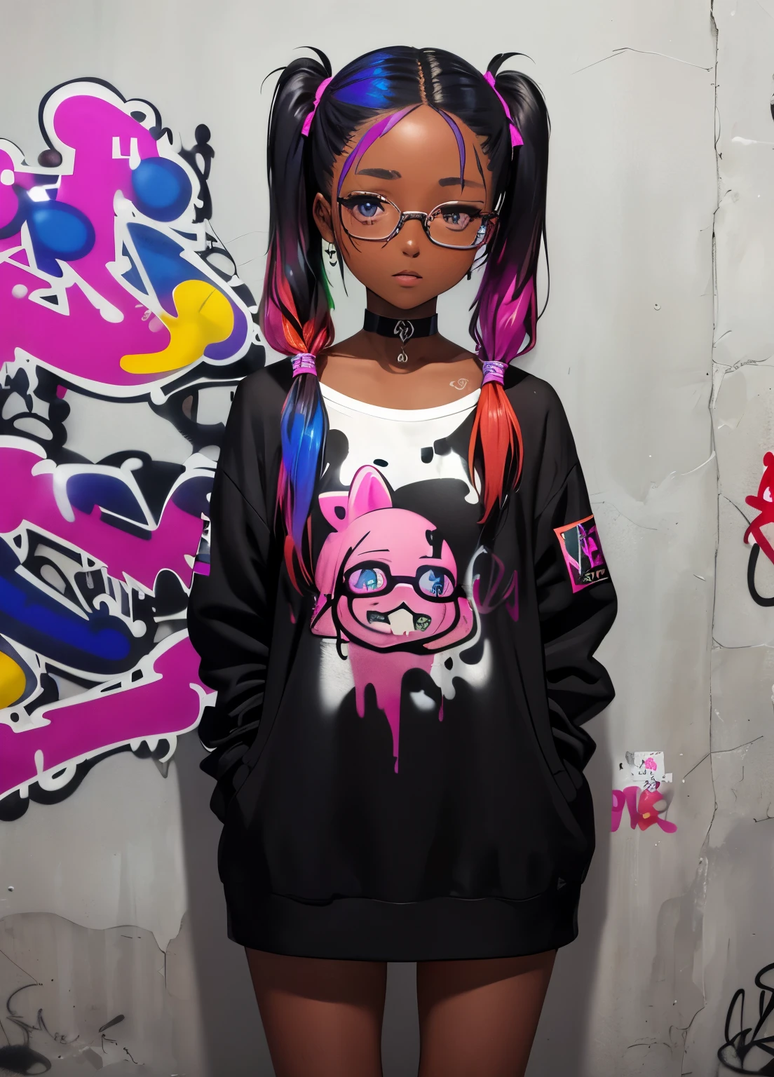 dark skinned, masterpiece, best quality, 1girl, solo, choker, (graffiti:1.5), paint splatter, arms behind back, against wall, looking at viewer, multicolored hair, pigtails, glasses