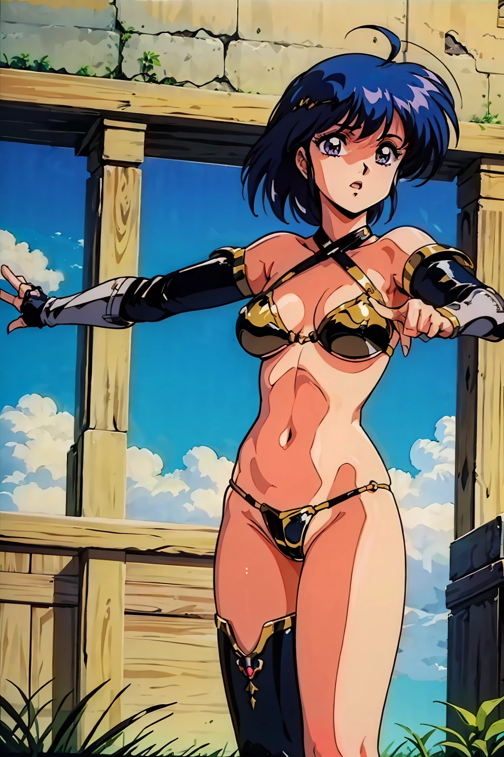 "(masterpiece:1.1), best quality,
1girl, (traditional media 80s:1.4), (eyelashes:1.5), (li:1.2),
(intricate high detailed body:1.2),
(blue hair:1.1), (bangs:1.1), (short hair, french braid:1.1), (headband:1.1),
purple eyes, (lip stick:1.2),
(pale skin:1.2), (curvy body:1.1), (huge breasts:1.1),
(expressionless:1.2), open mouth,
(bikini armor, criss-cross halter:1.2), (knight armor, armored boots:1.2),
(ahoge:1.2), gauntlets,
standing, (dynamic pose, action pose:1.2),
(upper body, cowboy shot, looking at viewer:1.1),
(daytime, grassland, outdoors:1.1)"