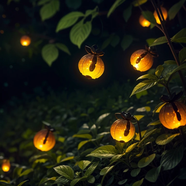 Close-up photo of glowing fireflies