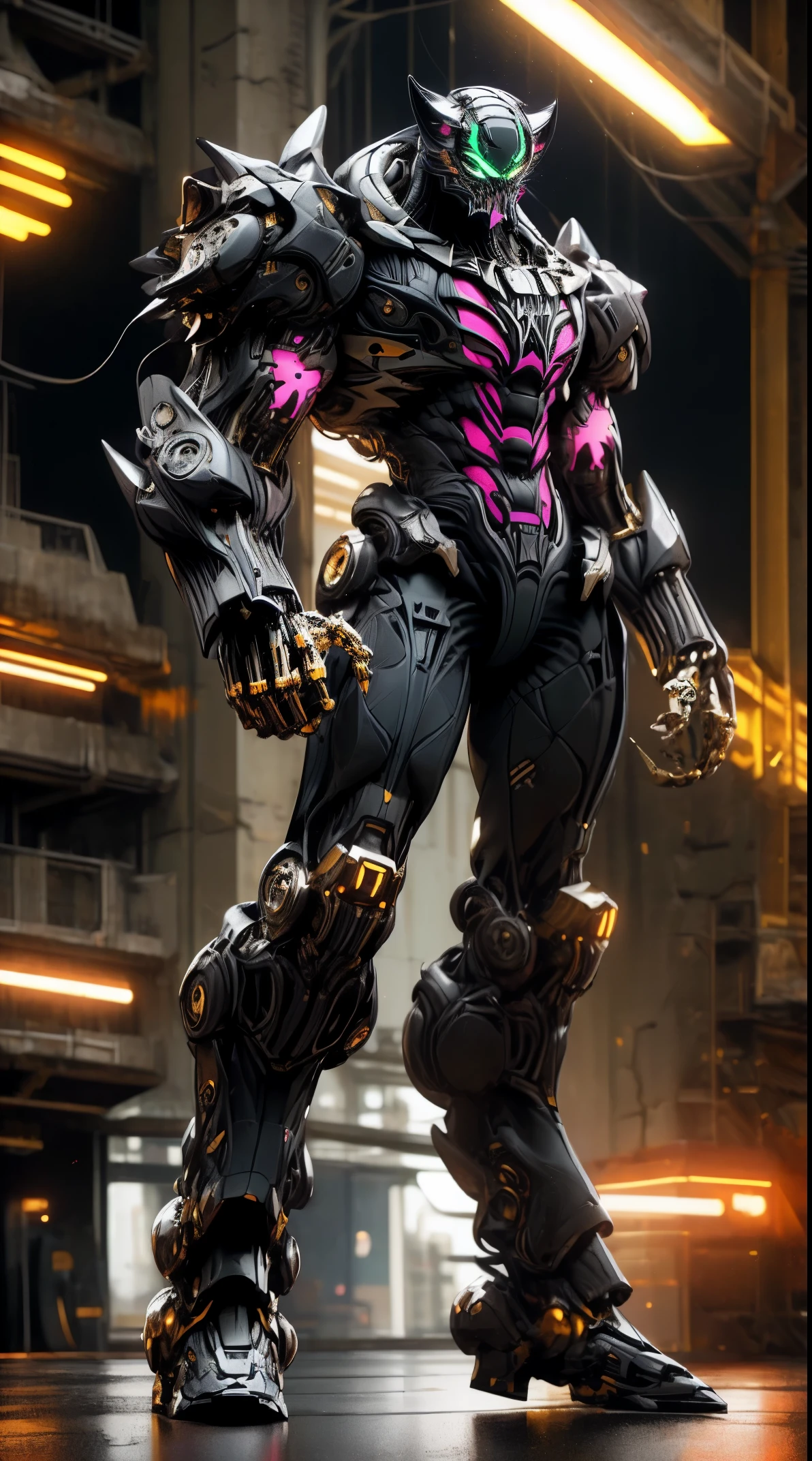 grim portrait of black panther and Venom, with intricately angled cybernetic implants inside a brutalist building, gothic brutalist cathedral, cyberpunk, award-winning photo, bokeh, neon lights, cybernetic limbs, full body