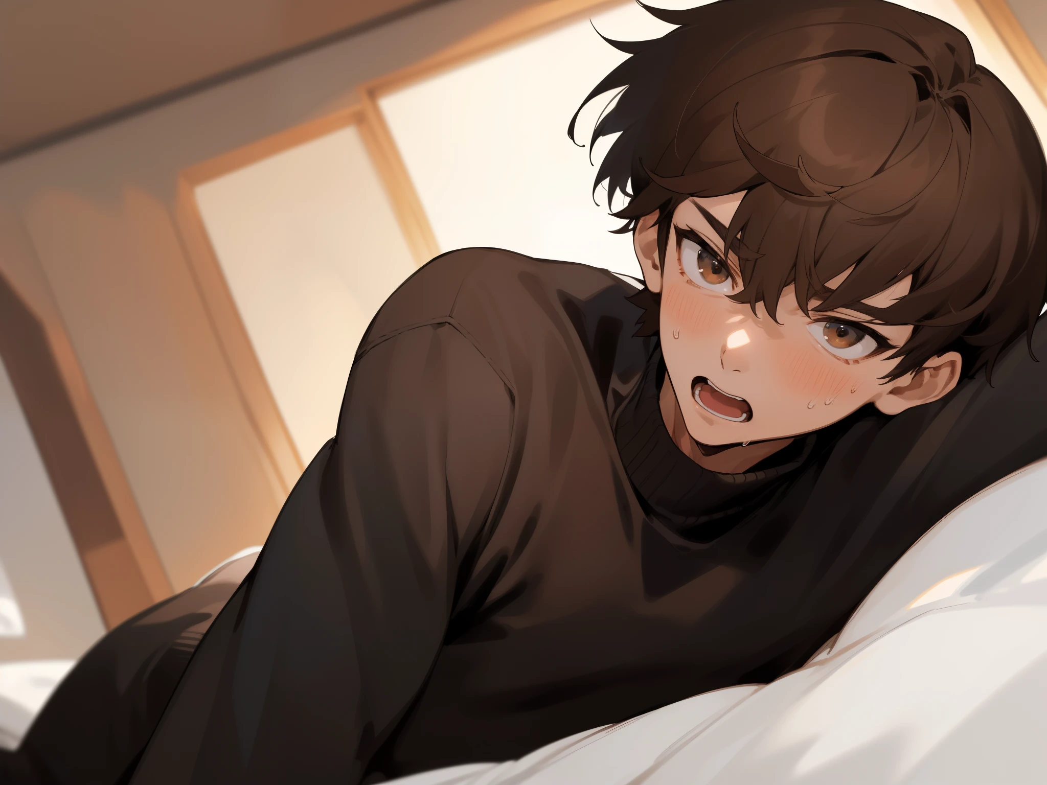 (Dynamic Angle,absurderes、hight resolution、ultra-detailliert),upper body, close up,ムラムラ,Sweaty,1 male,tall muscular man、opened mouth,Black sweater,extra very short hair、Brown hair、eyes are brown,Background Hotel,a bed,a handsome、Angle from below,Push your audience down,Dynamic Angle