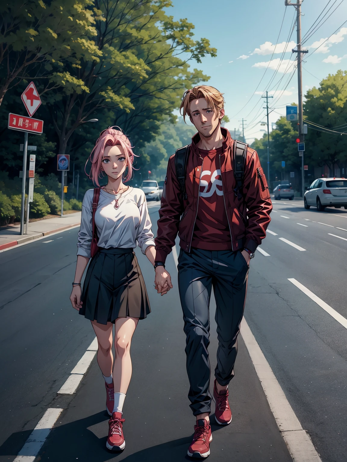 Anime, UHD, masterpiece, super detail, high details, high quality, award winning, best quality, highres, 1080P, HD, 4K, 8k, 16k, Ryan gosling & Sakura Haruno, holding hands, walking on highway, landscape
