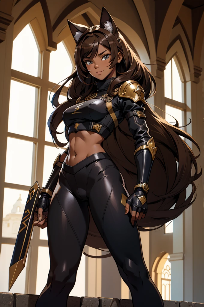beautiful young female warrior fighter with cat ears on her head, com rosto bem detalhado e bonito, belos olhos, belos olhos, rosto lindo, beautiful young woman wearing long brown leggings with black details, sueter apertado branco, standing in a castle, usando bota preta, cabelo comprido com franja preto, ,orelhas de gato, belo sorriso, tomboy, um pouco musculosa,suter branco com cinta em volta, olhar serio,usando jaqueta de couro apertado preto, com ombreiras de prata nos ombros