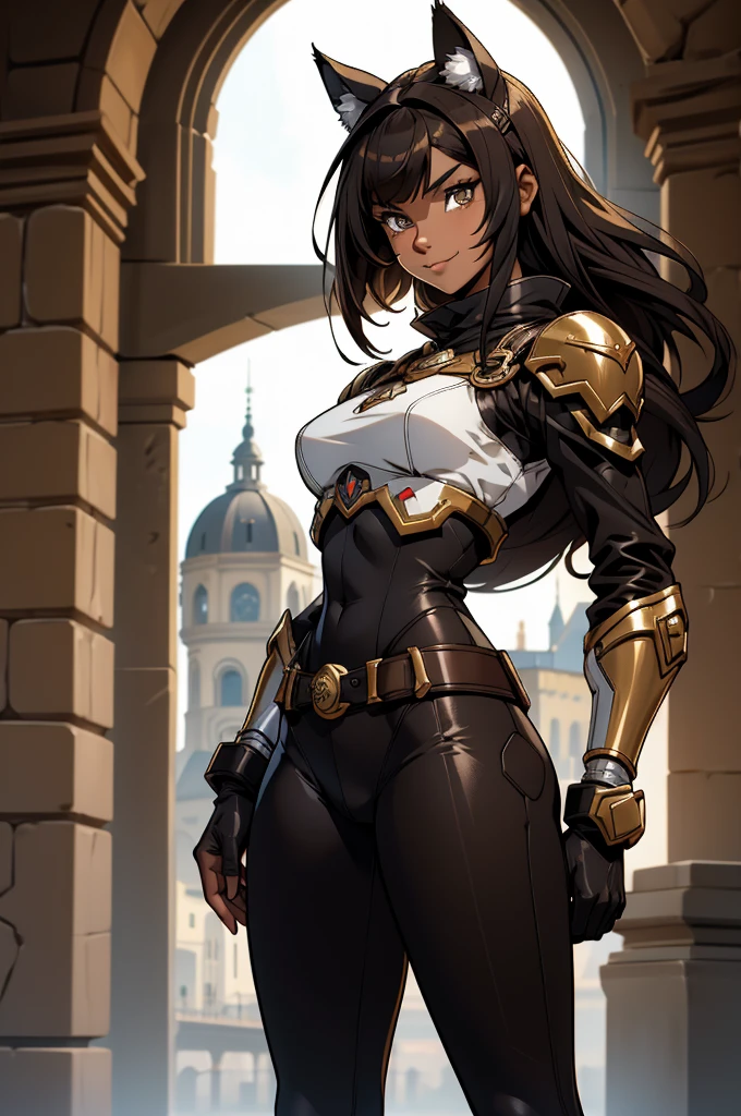 beautiful young female warrior fighter with cat ears on her head, com rosto bem detalhado e bonito, belos olhos, belos olhos, rosto lindo, beautiful young woman wearing long brown leggings with black details, sueter apertado branco, standing in a castle, usando bota preta, cabelo comprido com franja preto, ,orelhas de gato, belo sorriso, tomboy, um pouco musculosa,suter branco com cinta em volta, olhar serio,usando jaqueta de couro apertado preto, com ombreiras de prata nos ombros