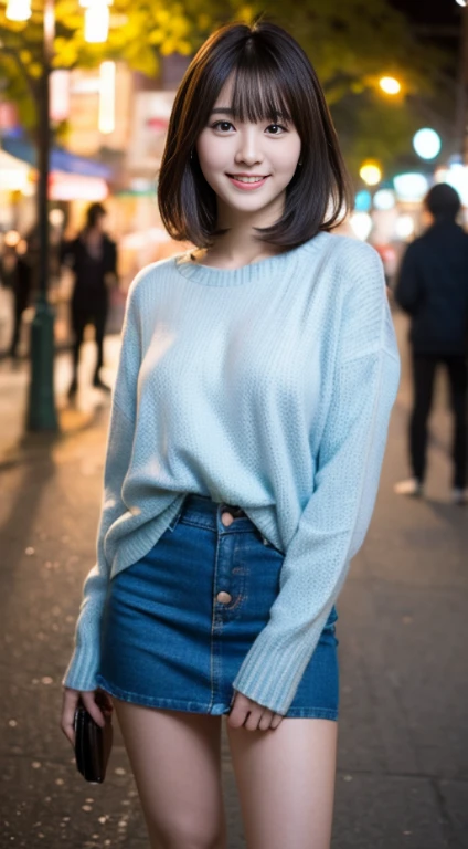(RAW Photos: 1.2), (Photorealistic: 1.4), (Best Quality: 1.4), Ultra High Resolution, (Detailed eyes), (detailed facial features), (Detailed clothing features), nffsw, 8K resolution, Solo Focus, Bangs, skin tightening, (Slender girl), Dreamy, japanes, (Ultra-fine illustration), landscape, No text, medium breasts, Straight hair, Short hair, Dark hair, Dark eyes, One girl, Full body, a miniskirt, background is night park, AngelT, light blue tight sweater, Cute, Sexy, (Smile)