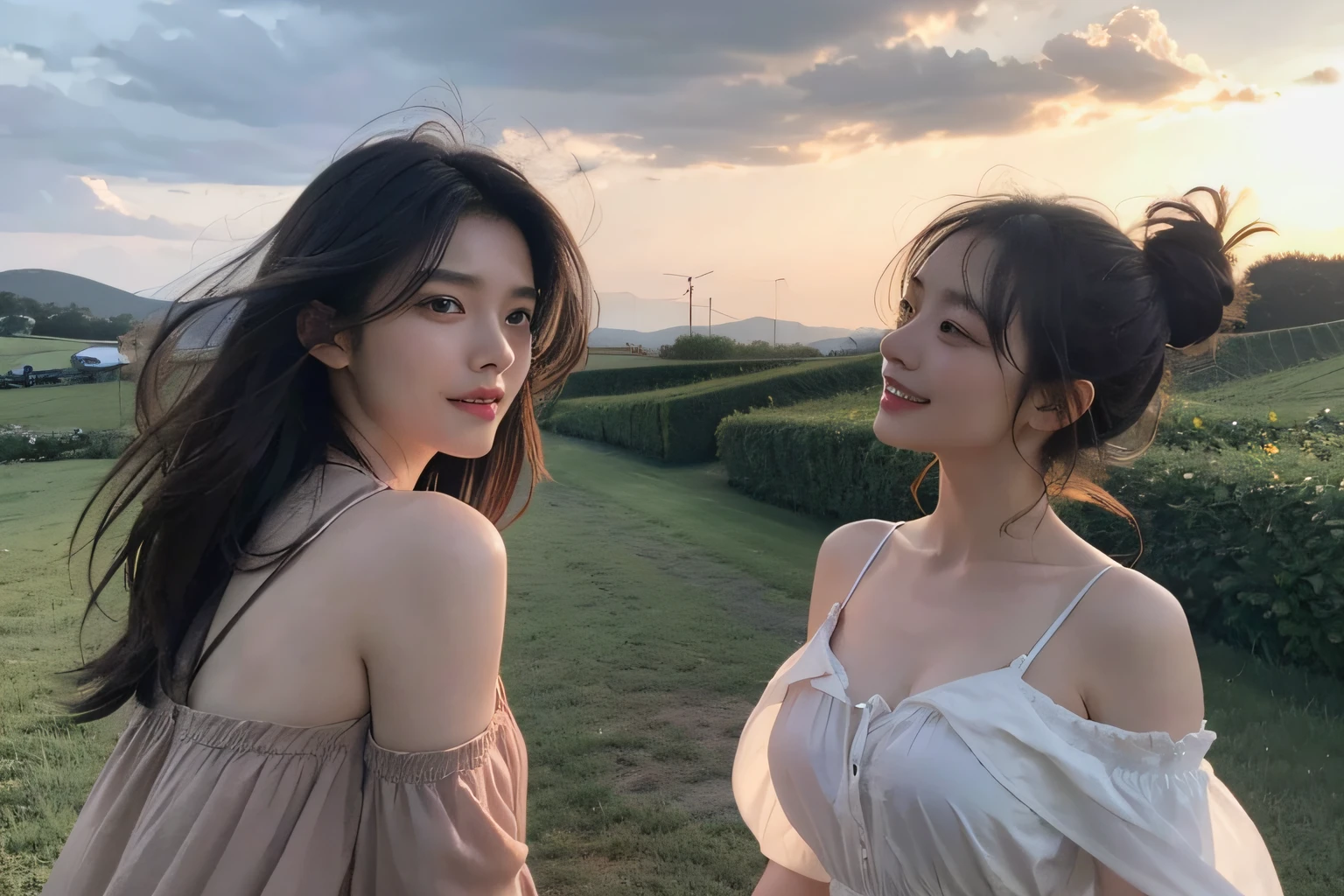 Nicolas Poussin-style landscape,A smile,,Sweet and seductive appearance.、Caravaggio's paintings、Chiaroscuro of Caravaggio、Hair disheveled in the wind,Two women frolicking,Cute smile, Expression of ecstasy,A sexy,erotick